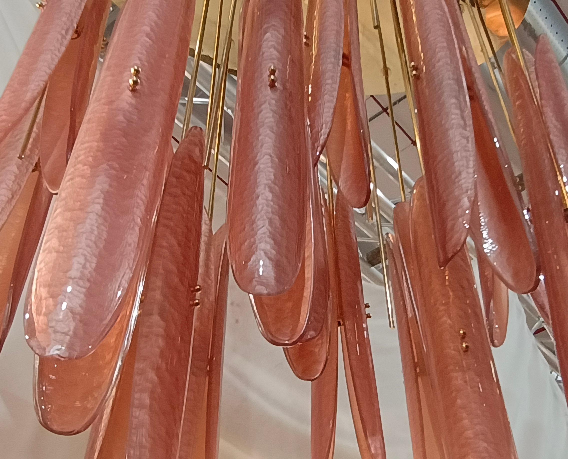Contemporary Murano Oval Pink Art Glass and Brass Midcentury Chandeliers and Pendant, 2020 For Sale