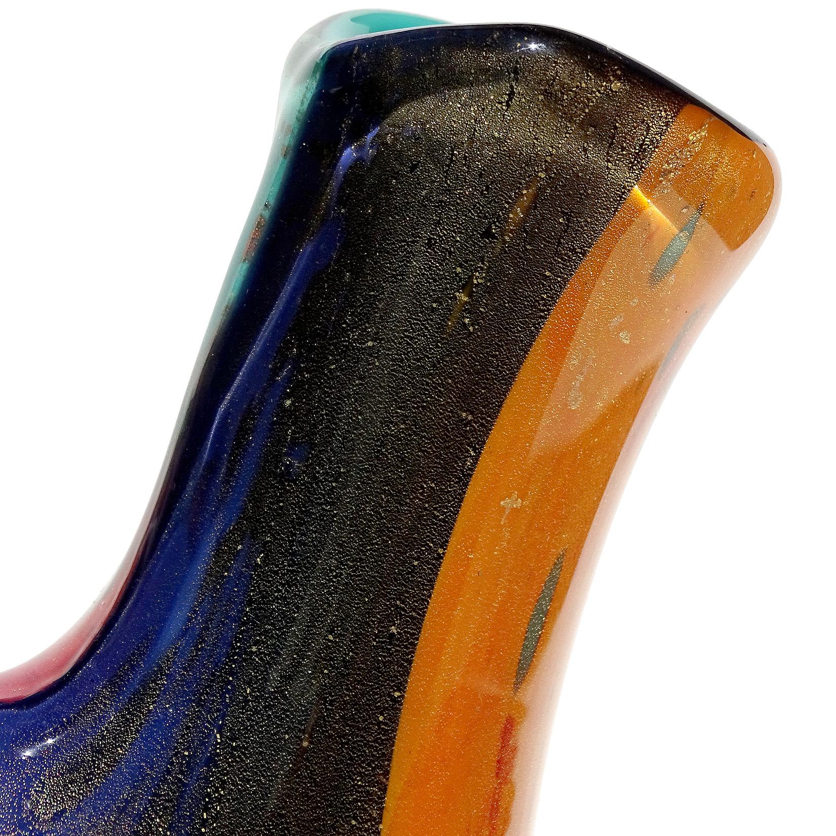 Murano Painterly Oriente Gold Flecks Italian Art Glass Double Spout Flower Vase For Sale 1
