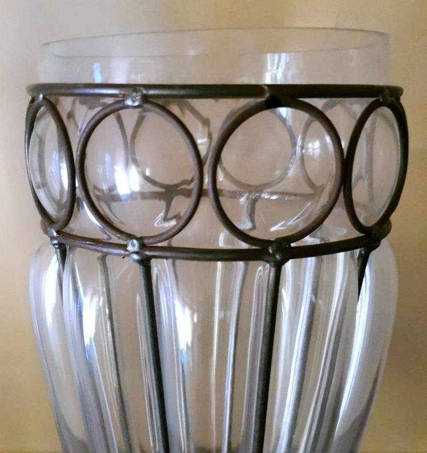 Murano Glass Murano Pair of Blown Transparent Glass Vases in Metal Cage