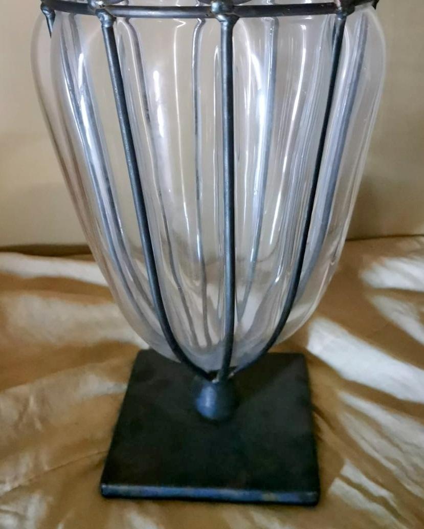 Murano Pair of Blown Transparent Glass Vases in Metal Cage 2