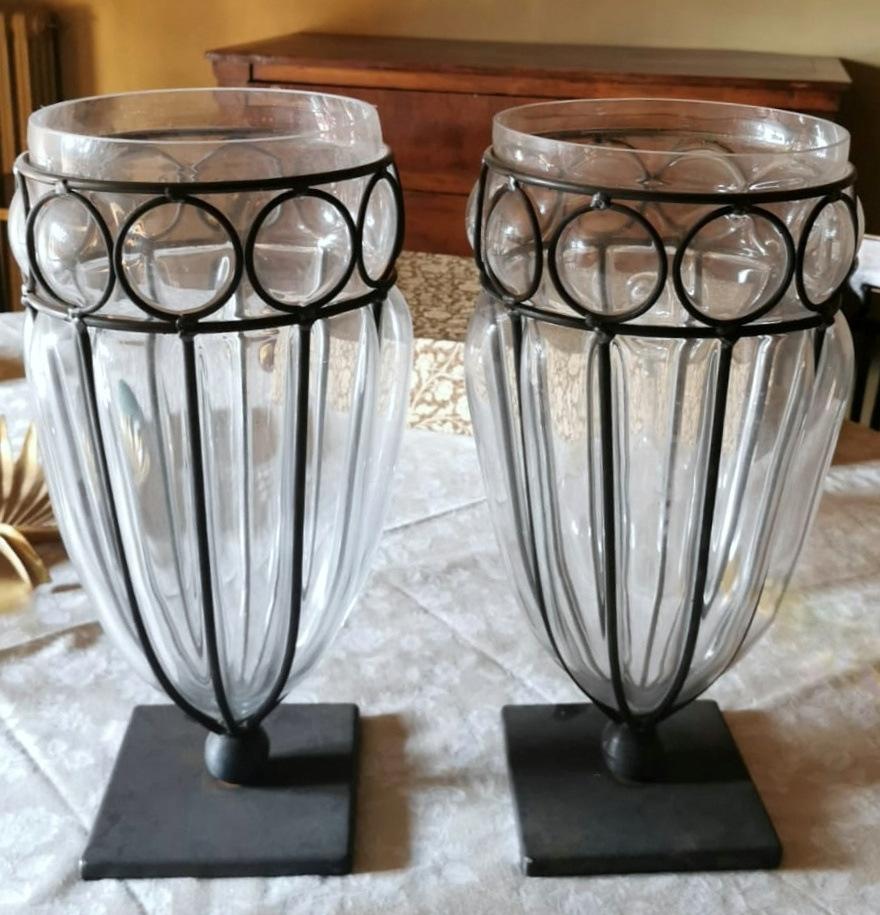 Murano Pair of Blown Transparent Glass Vases in Metal Cage 5