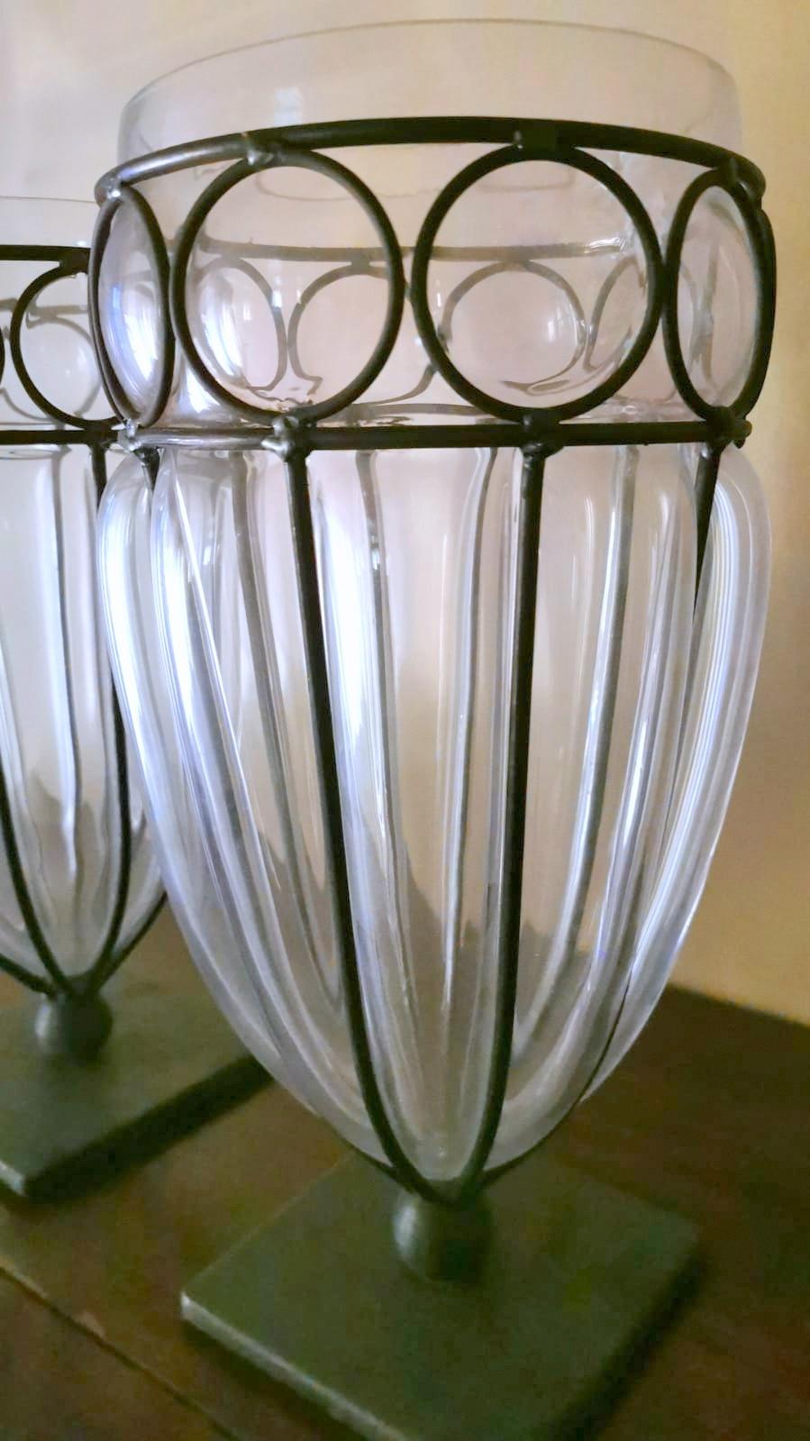 Art Deco Murano Pair of Blown Transparent Glass Vases in Metal Cage