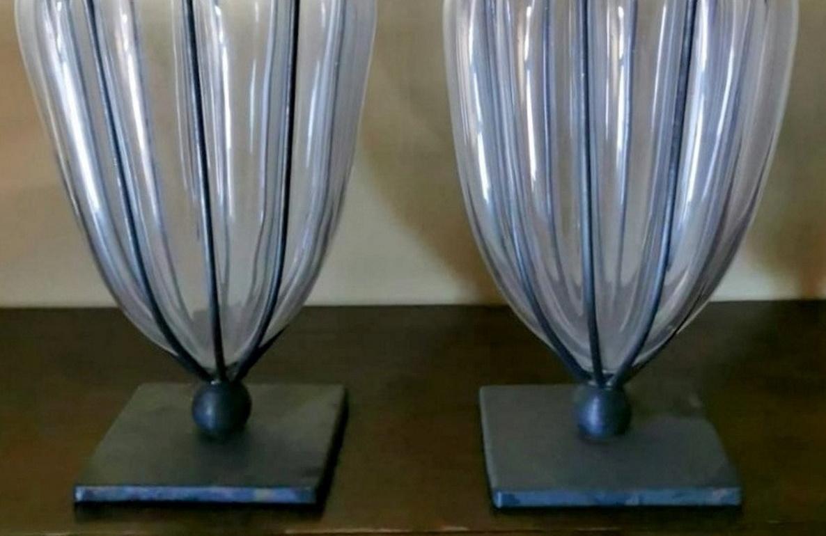 Italian Murano Pair of Blown Transparent Glass Vases in Metal Cage