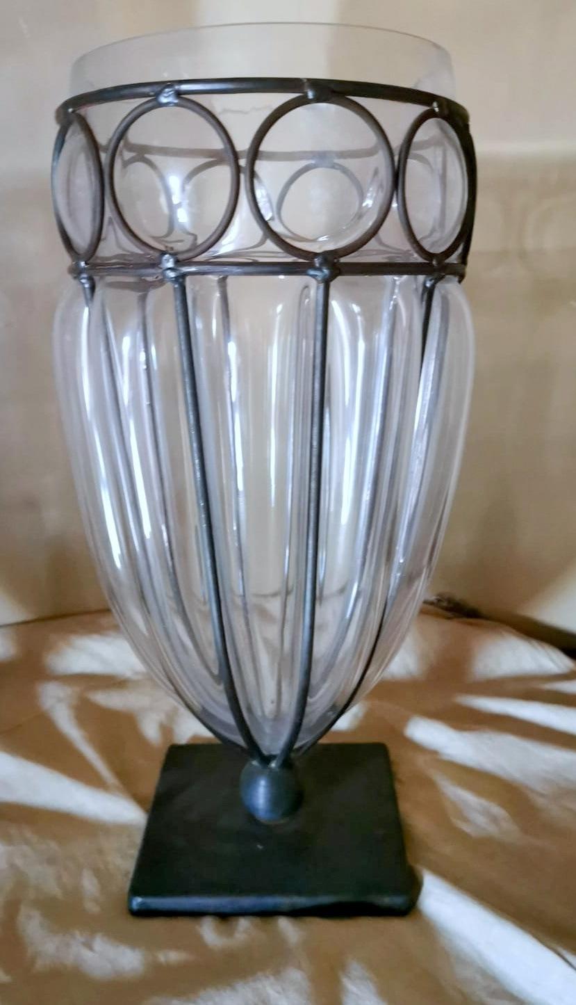 Hand-Crafted Murano Pair of Blown Transparent Glass Vases in Metal Cage