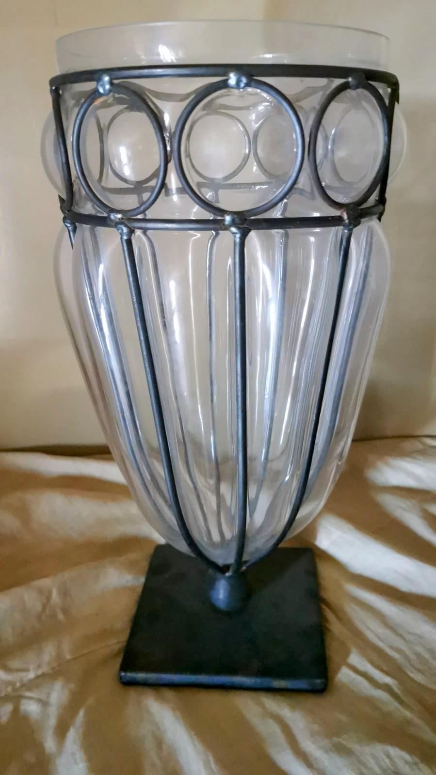 Murano Pair of Blown Transparent Glass Vases in Metal Cage In Good Condition In Prato, Tuscany