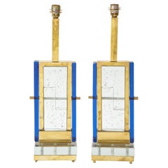 Murano Pair of Colored Glass Block and Brass Lamps