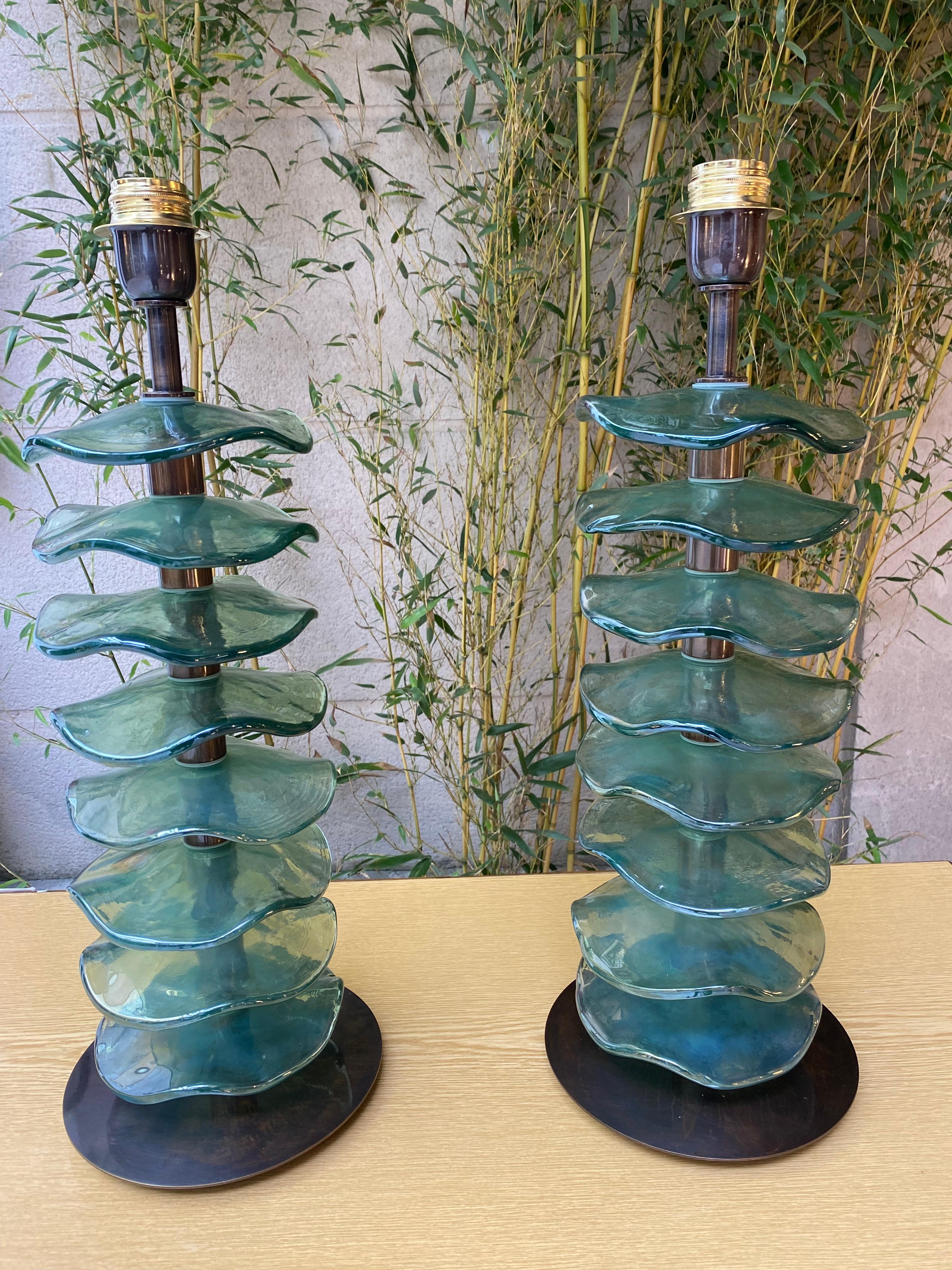 Murano Glass Murano  Pair of lamps  Blue/green For Sale