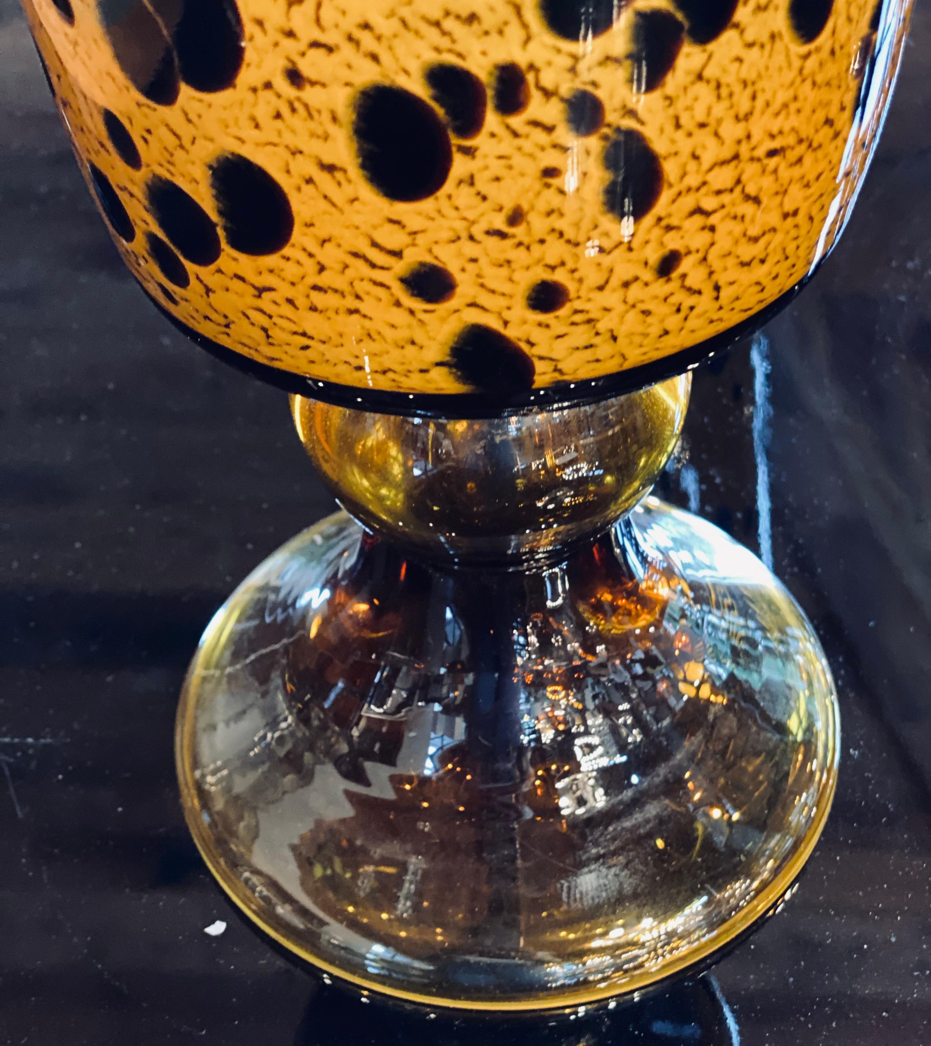 Contemporary Murano Pair of Spotted Amber Vases with Hoop Handles