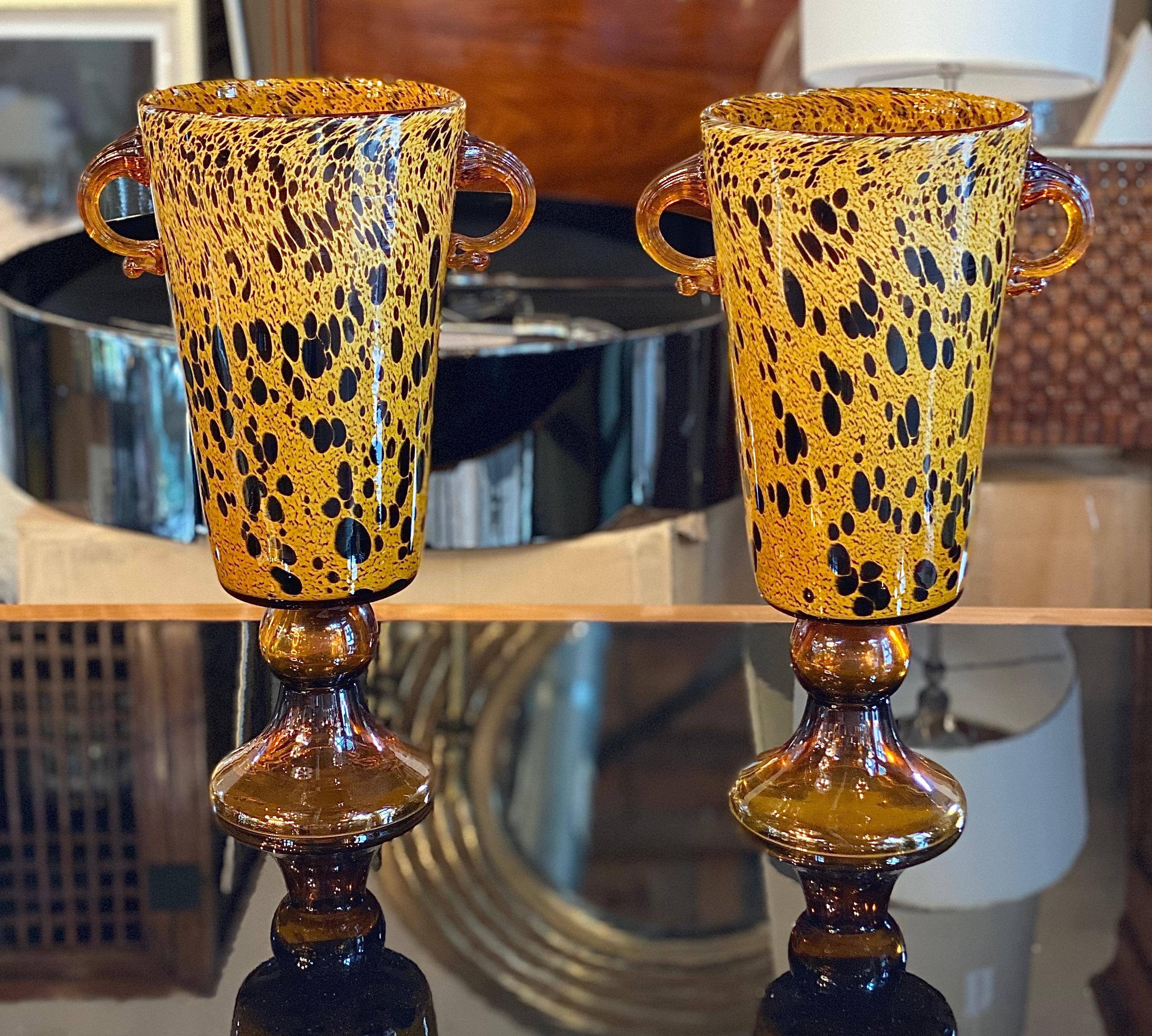 Murano Pair of Spotted Amber Vases with Hoop Handles 1