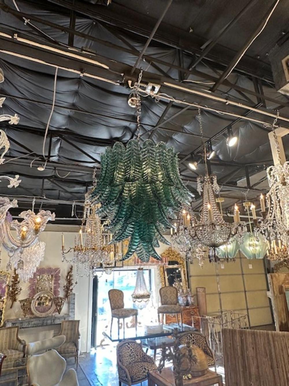 Modern Murano palm leaf chandelier in dark green. The chandelier has been professionally rewired, comes with matching chain and canopy. It is ready to hang!