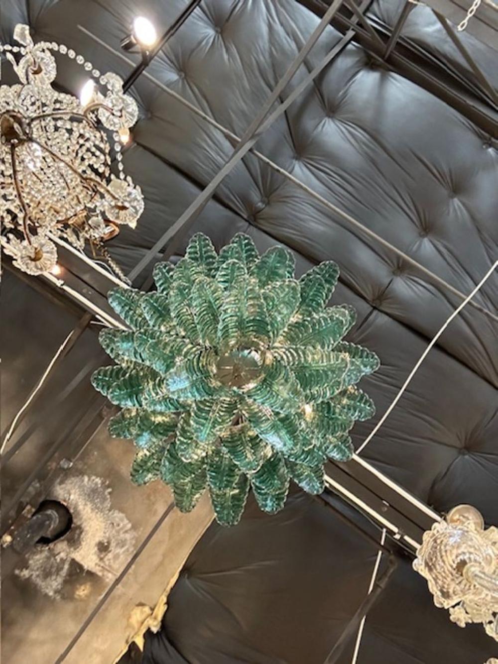 Blown Glass Murano Palm Leaf Chandelier in Dark Green