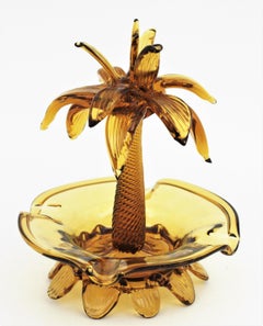 Murano Palm Tree Amber Italian Art Glass Decorative Bowl / Ashtray, 1950s