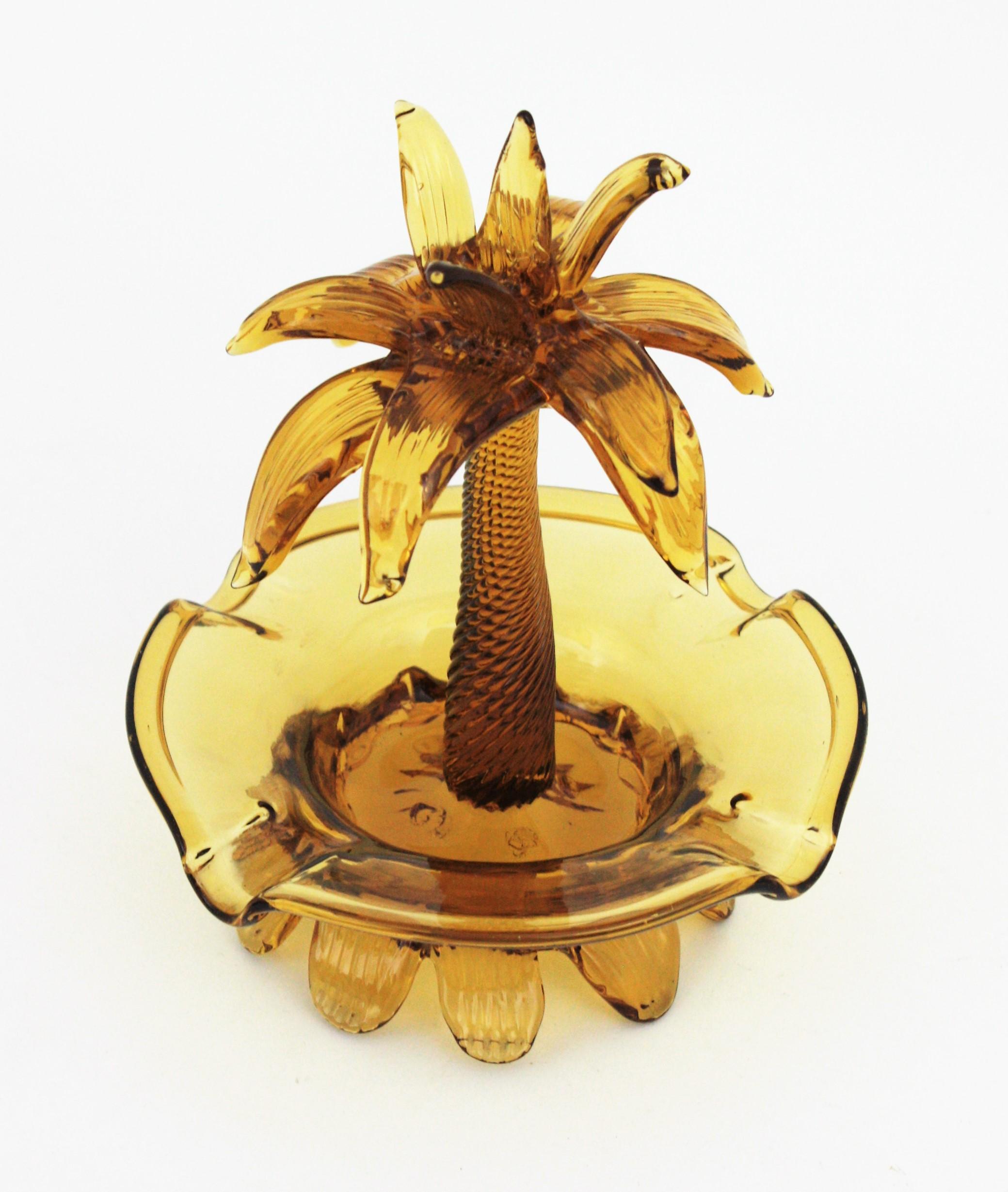 Murano Palm Tree Amber Italian Art Glass Decorative Bowl / Ashtray, 1950s 1