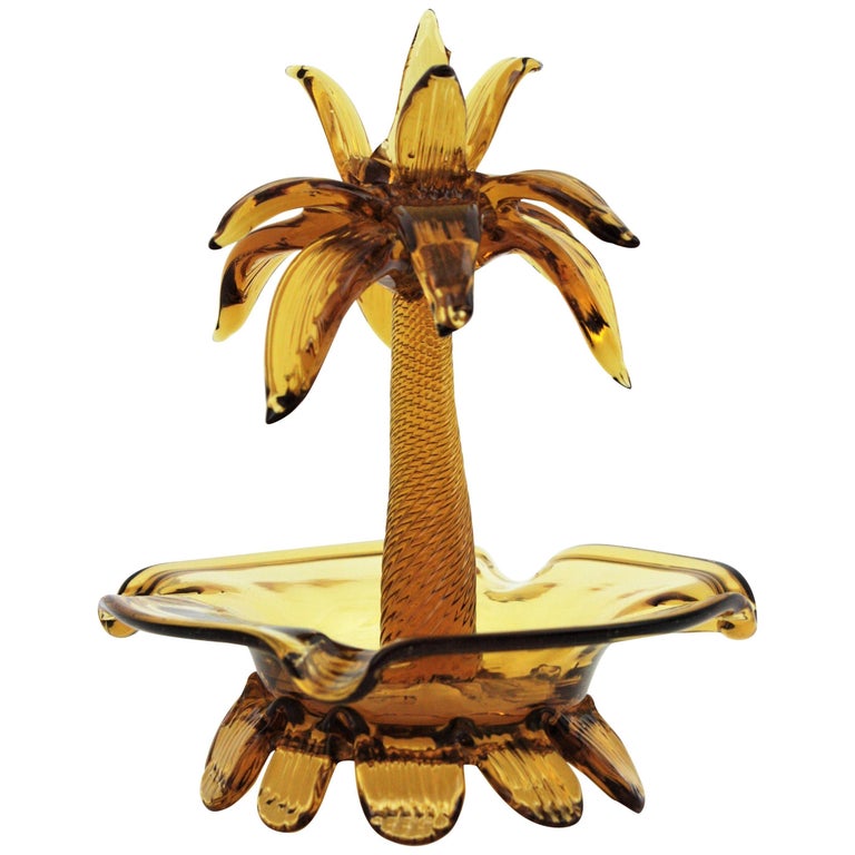 Murano Palm Tree Amber Italian Art Glass Decorative Bowl / Ashtray, 1950s 2