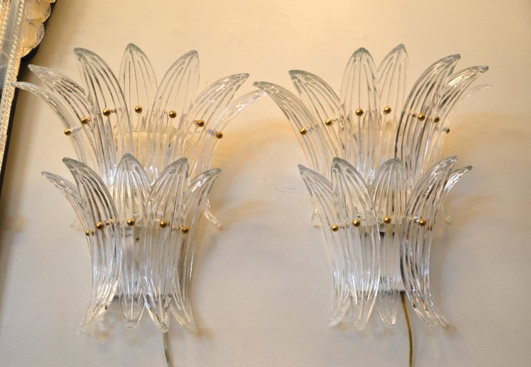 A pair of murano blown glass ornaments sconces which resembles the fan-shaped leaves of a palm tree, made in Italy.
The glass leaves are mounted on a metal frame and fastened with round brass screws.
Each sconce has 12 glass ornaments and uses 3