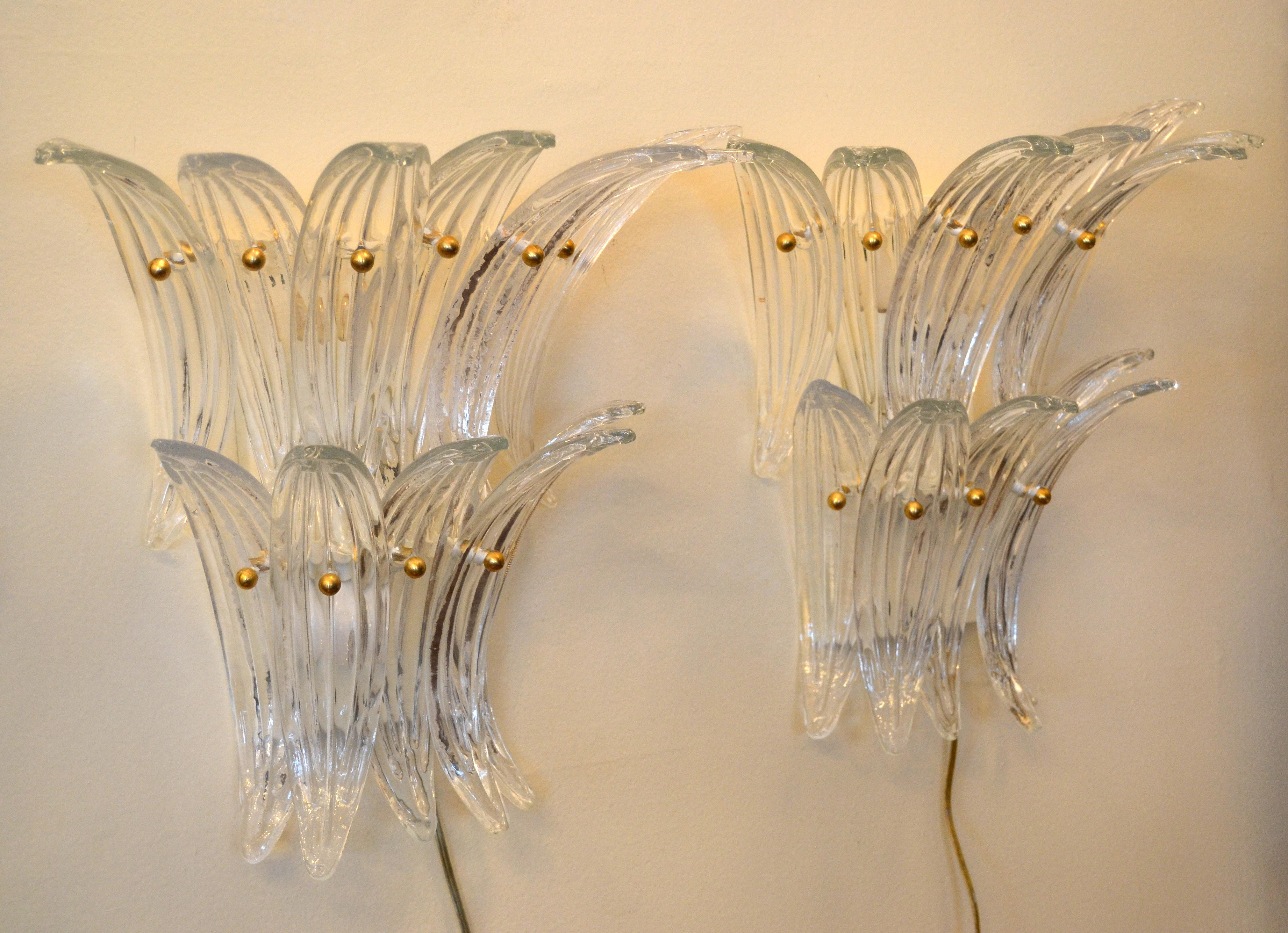 Italian Pair of Murano Palmette Blown Glass Sconces Manner of Barovier & Toso, Italy
