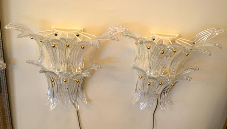 Metal Pair of Murano Palmette Blown Glass Sconces Manner of Barovier & Toso, Italy