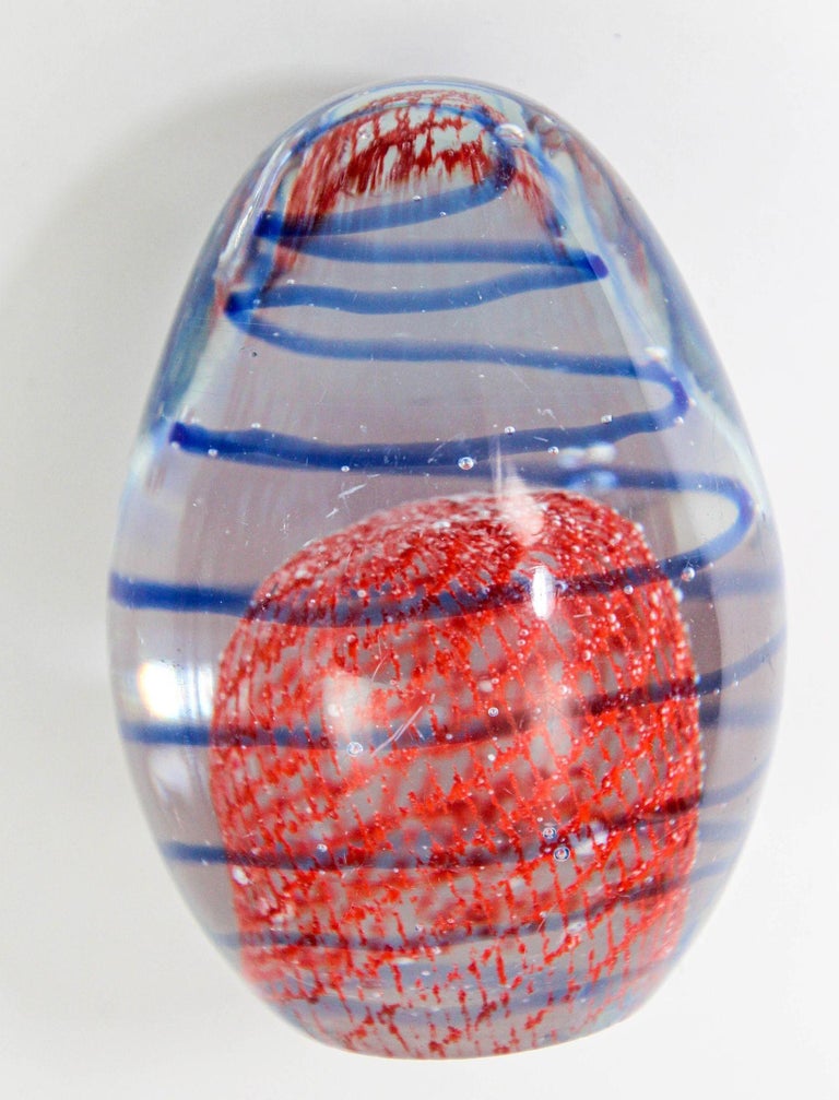 Murano Paperweight Blue Red Ribbons Italian Art Glass Egg Shape