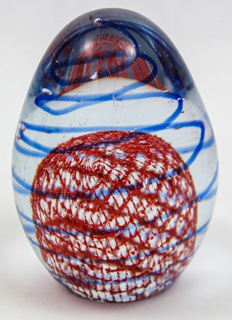 Murano Paperweight Blue Red Ribbons Italian Art Glass Egg Shape