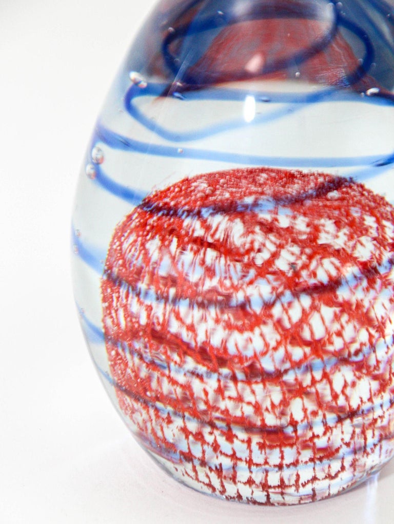 置物 Murano Glass Italy Egg Paperweight Murano Paperweight Blue Red Ribbons Italian Art Glass Egg Shape