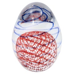 Murano Paperweight Blue Red Ribbons Italian Art Glass Egg Shape Circa 1960s