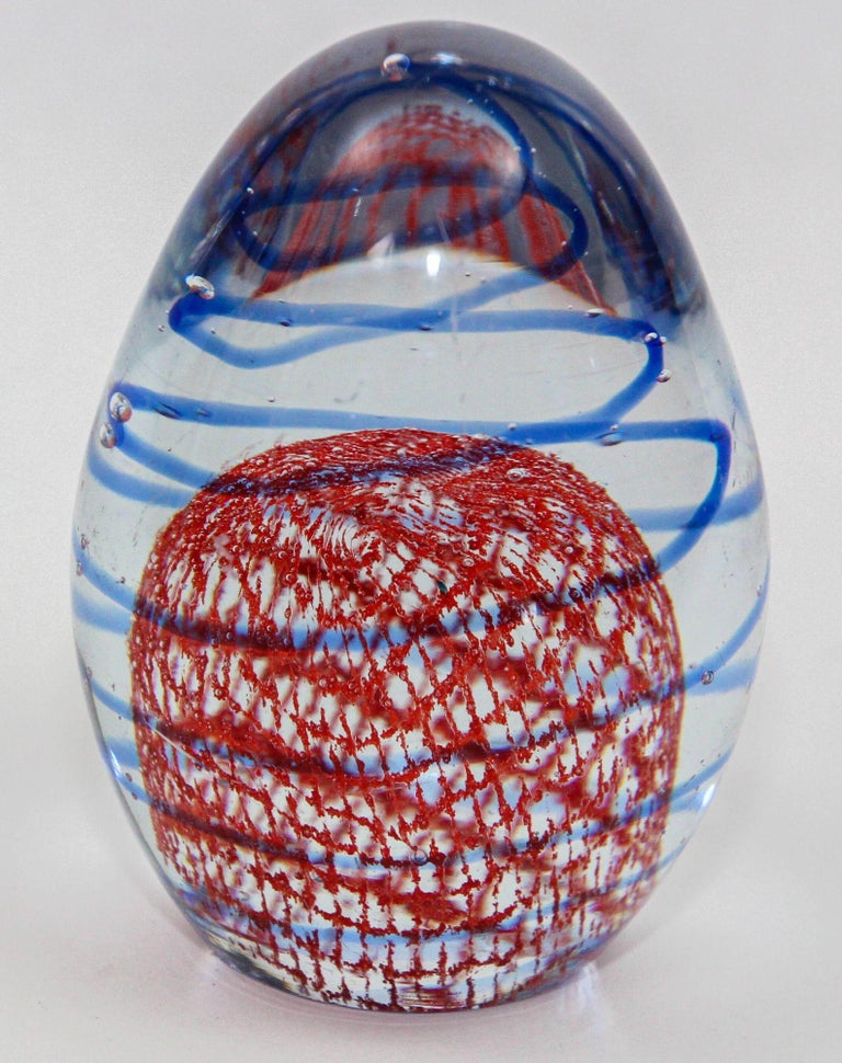Murano Paperweight Blue Red Ribbons Italian Art Glass Egg Shape