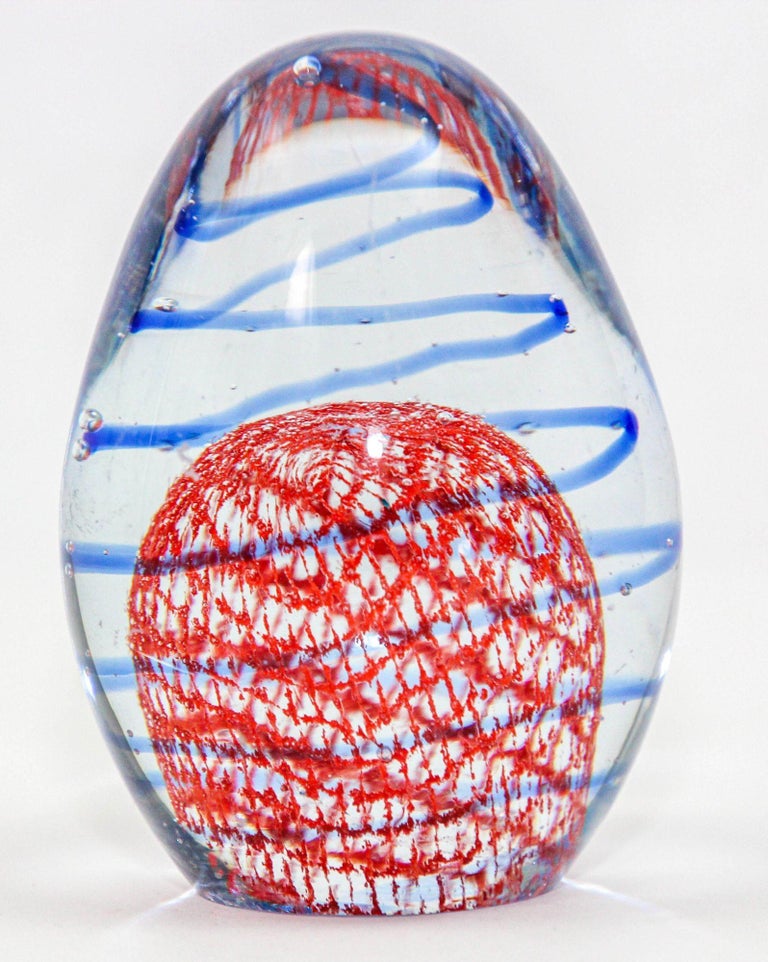 Murano Paperweight Blue Red Ribbons Italian Art Glass Egg Shape