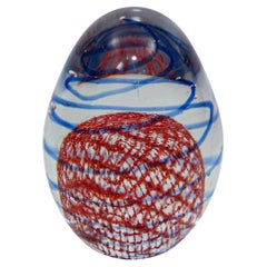 Retro Murano Paperweight Blue Red Ribbons Italian Art Glass Egg Shape Circa 1960s