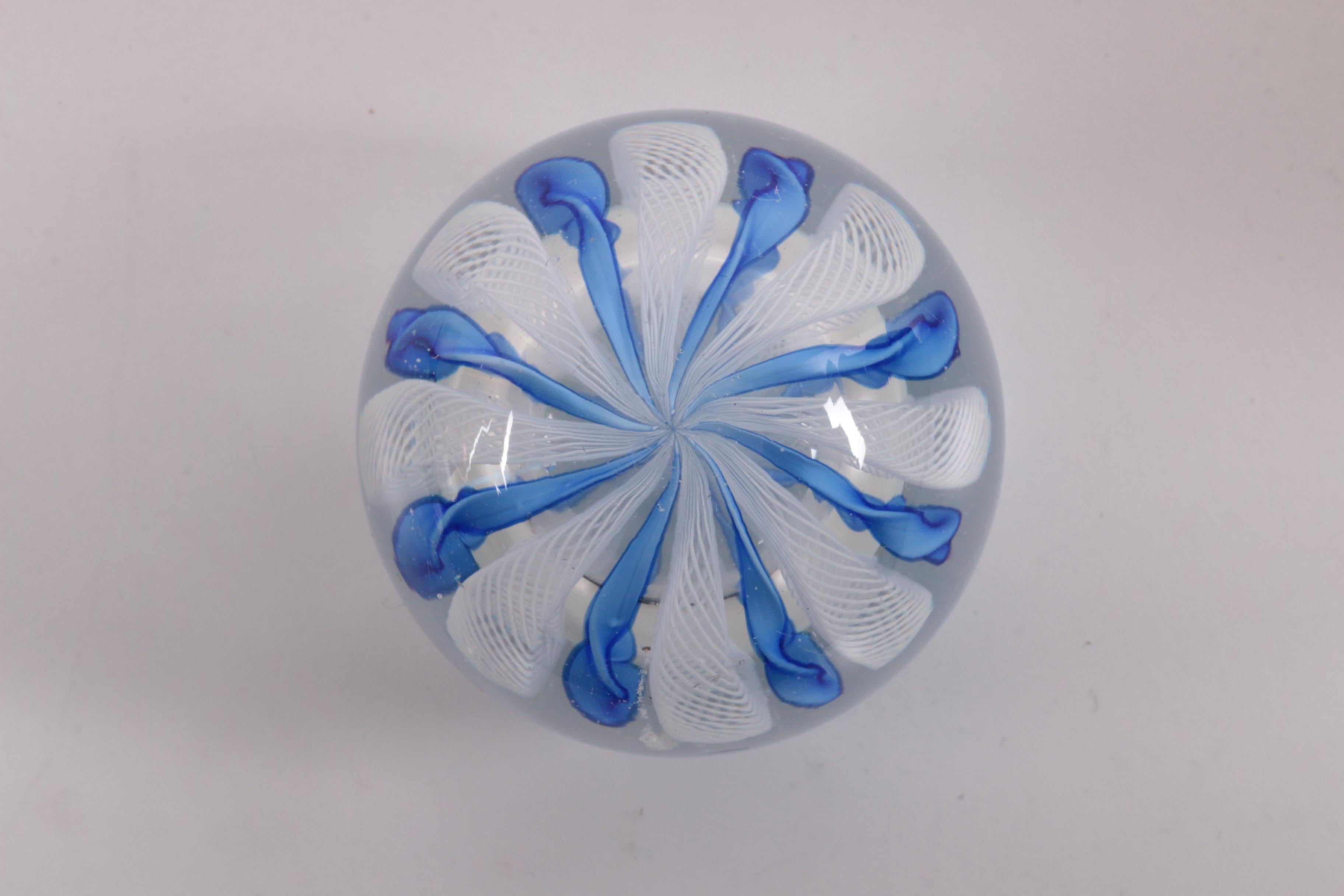 Art Glass Murano Paperweight with Blue and White Spirals, 1960
