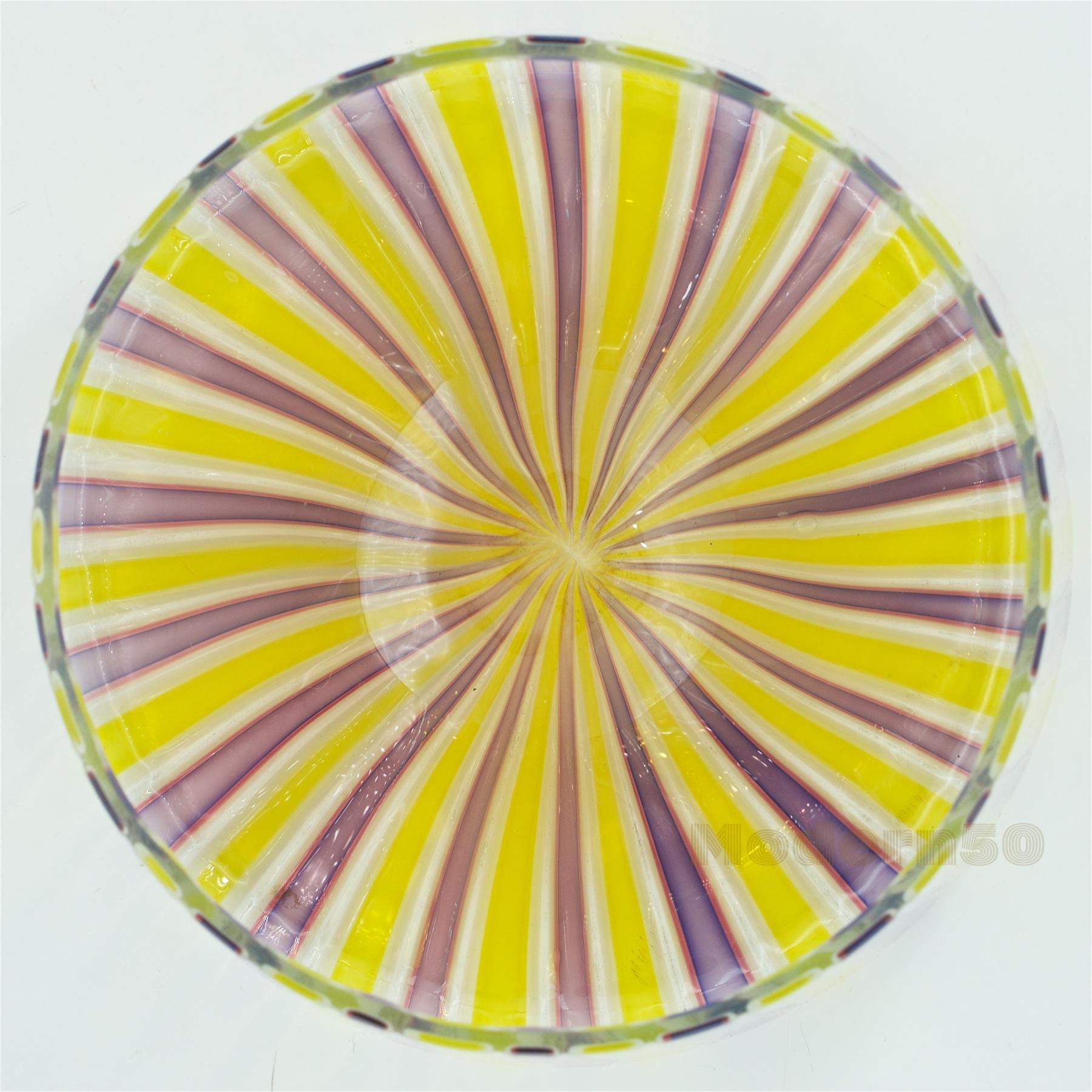 Mid-Century Modern Murano Parachute Latticino Ribbon Glass Bowl Centerpiece Italy For Sale