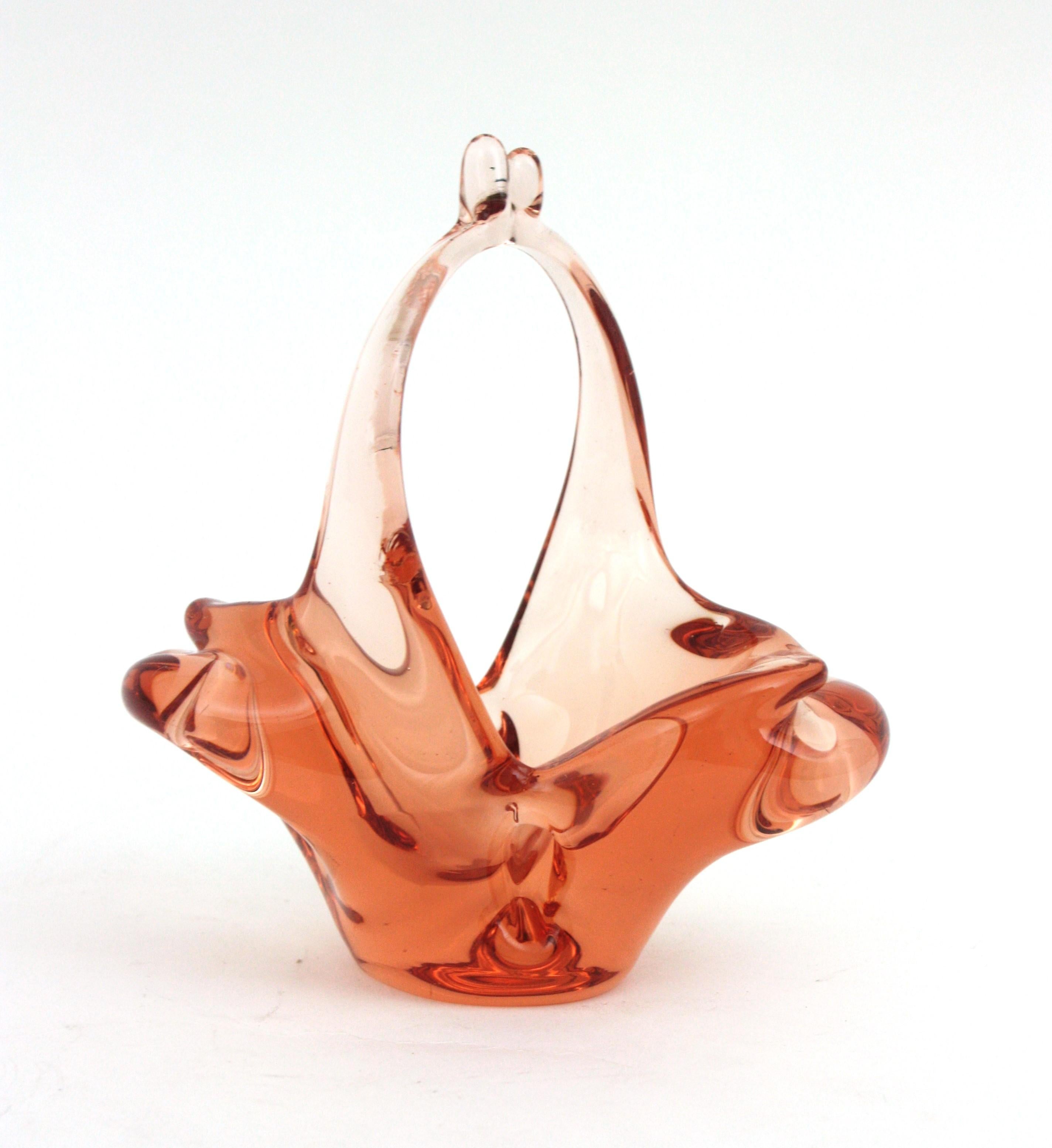 Murano Peach Italian Art Glass Basket Bowl, 1960s For Sale 4