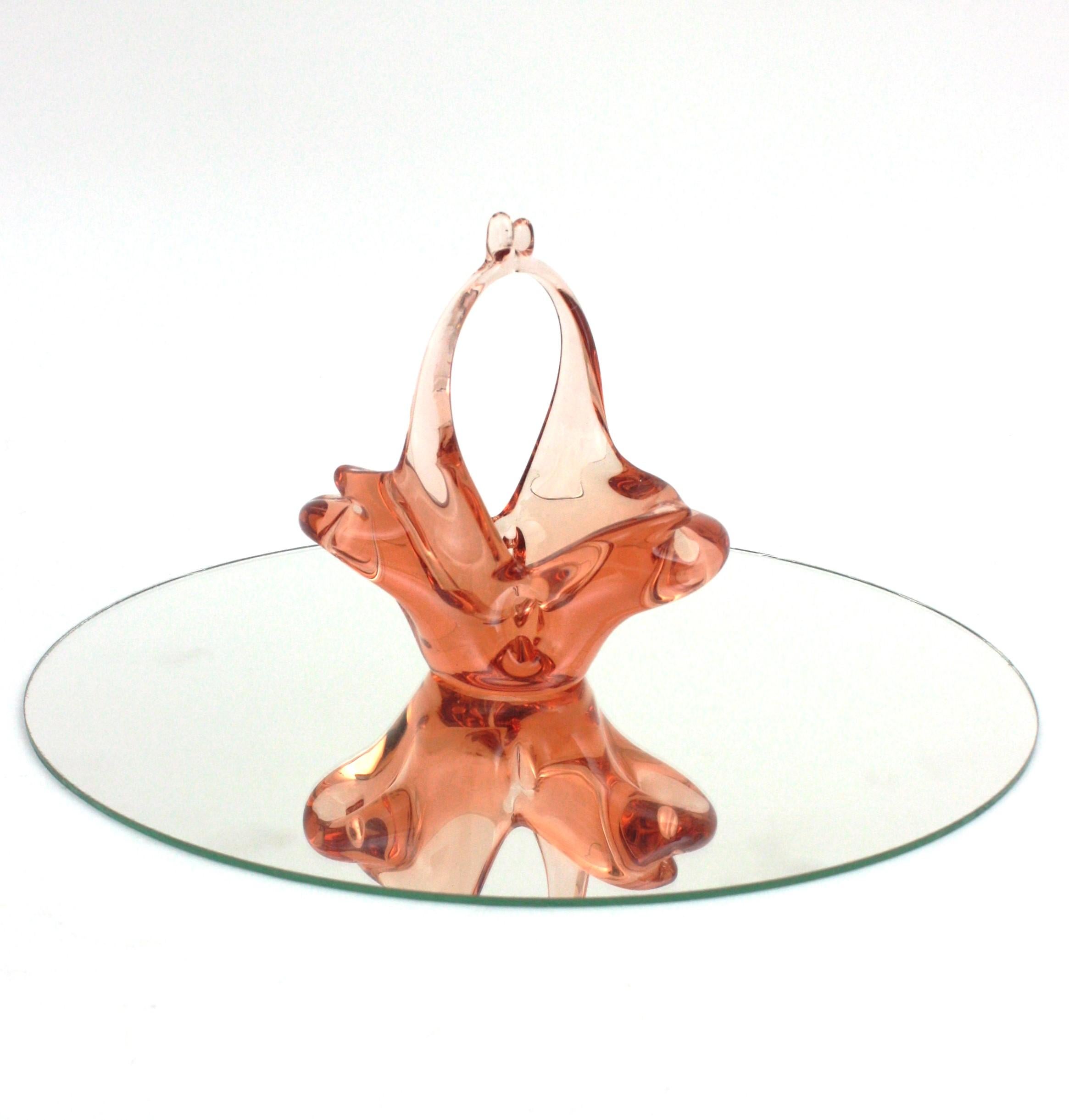 Hand-Crafted Murano Peach Italian Art Glass Basket Bowl, 1960s For Sale