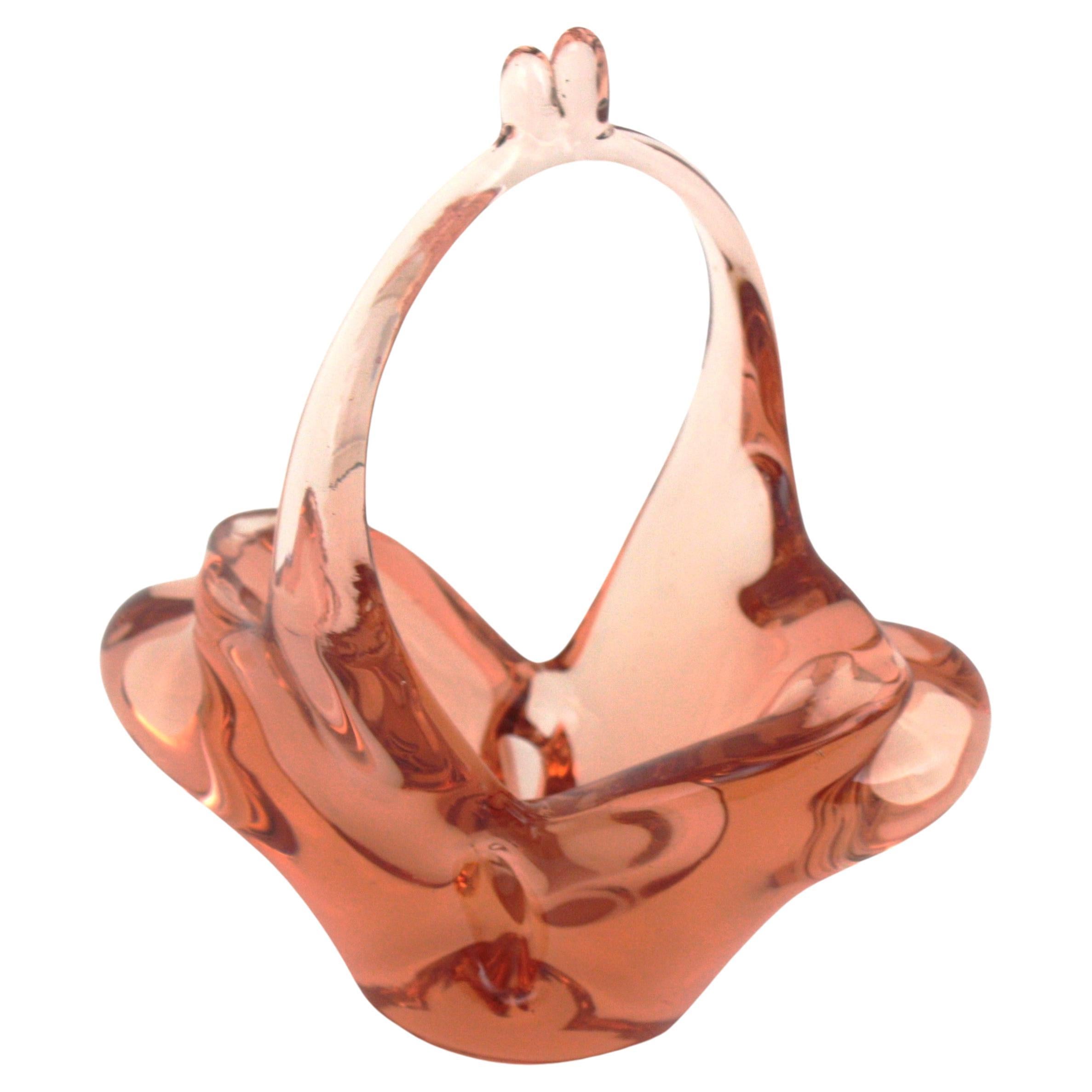 Murano Peach Italian Art Glass Basket Bowl, 1960s In Excellent Condition For Sale In Barcelona, ES