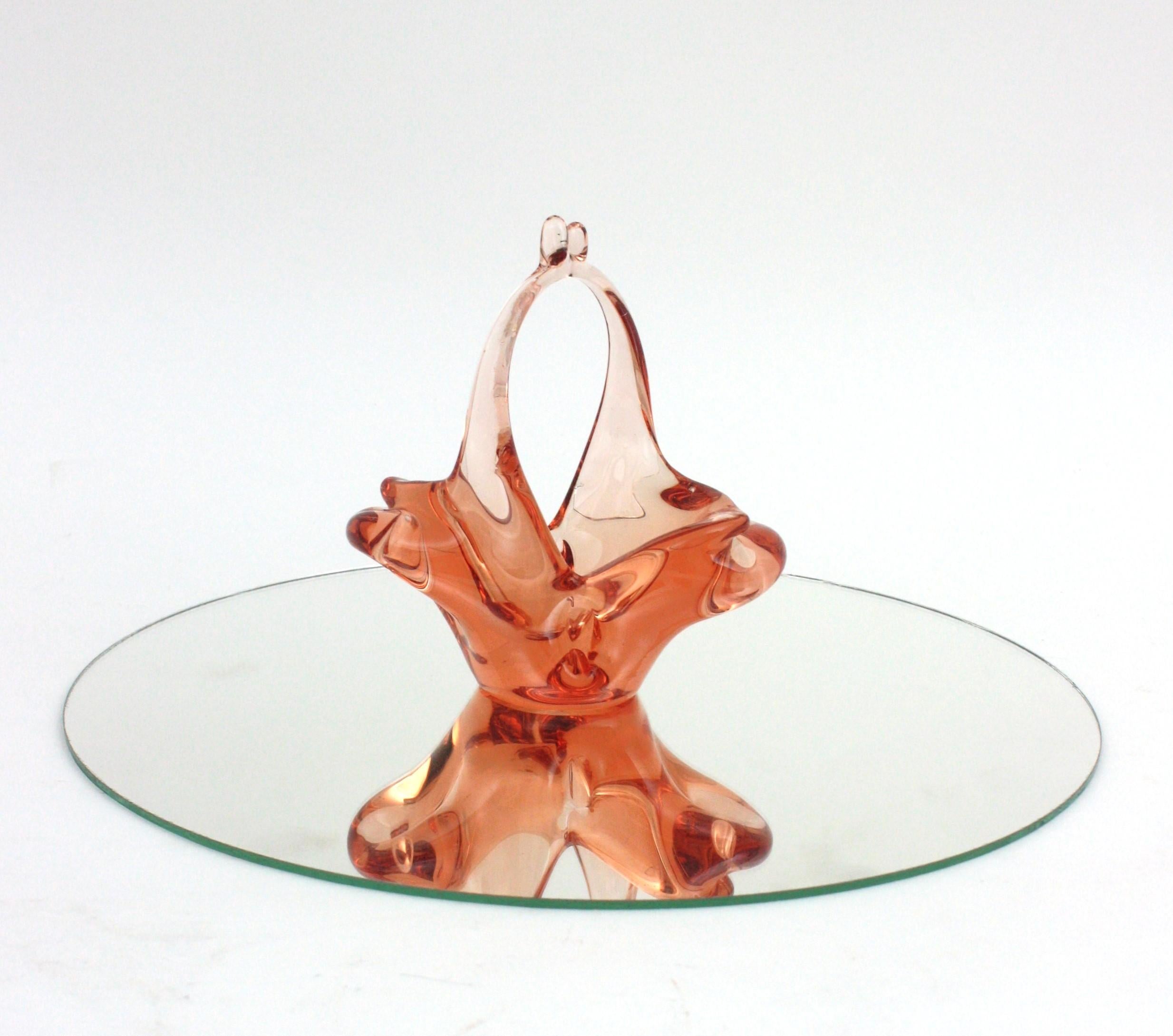 Murano Peach Italian Art Glass Basket Bowl, 1960s For Sale 1