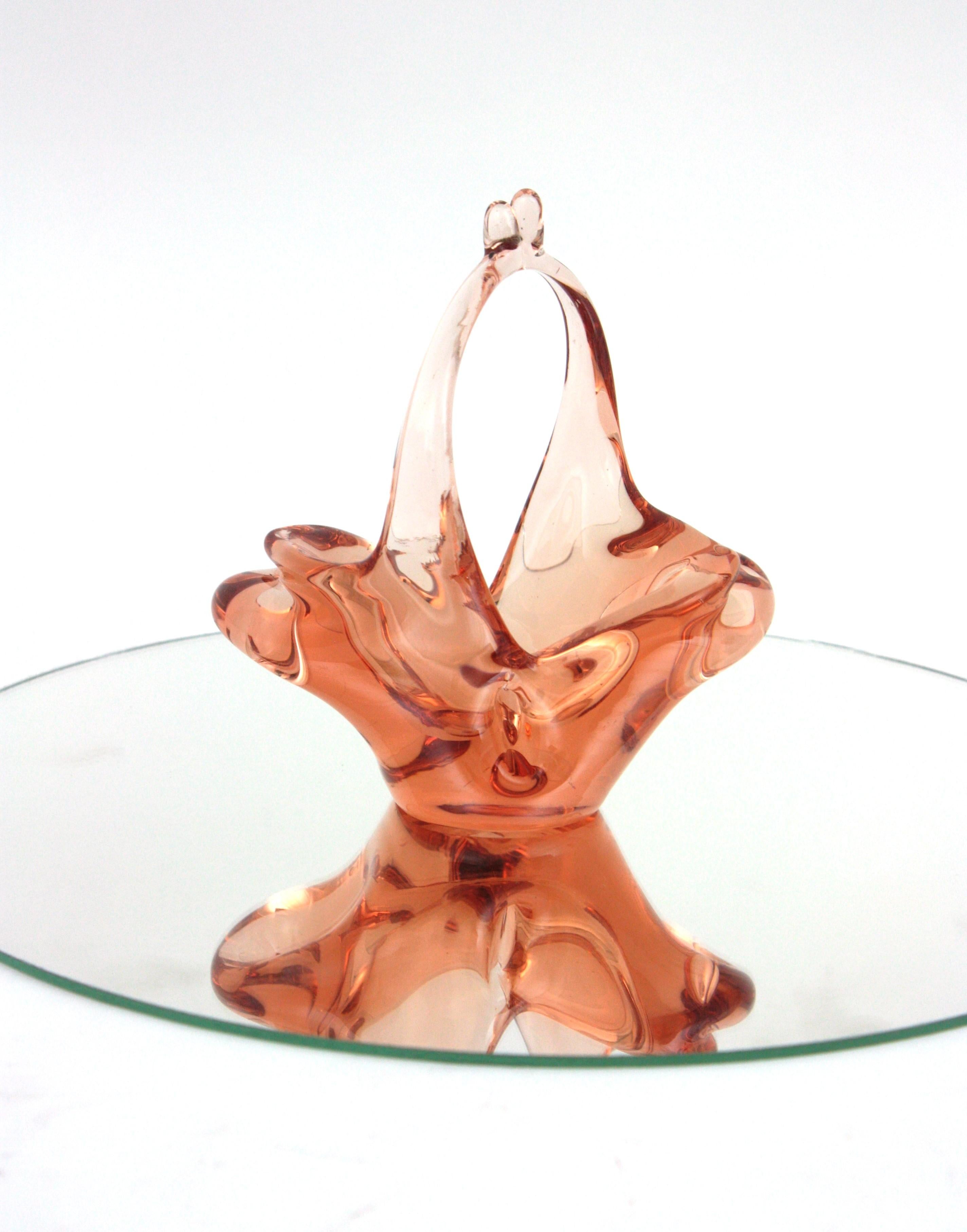 Murano Peach Italian Art Glass Basket Bowl, 1960s For Sale 2