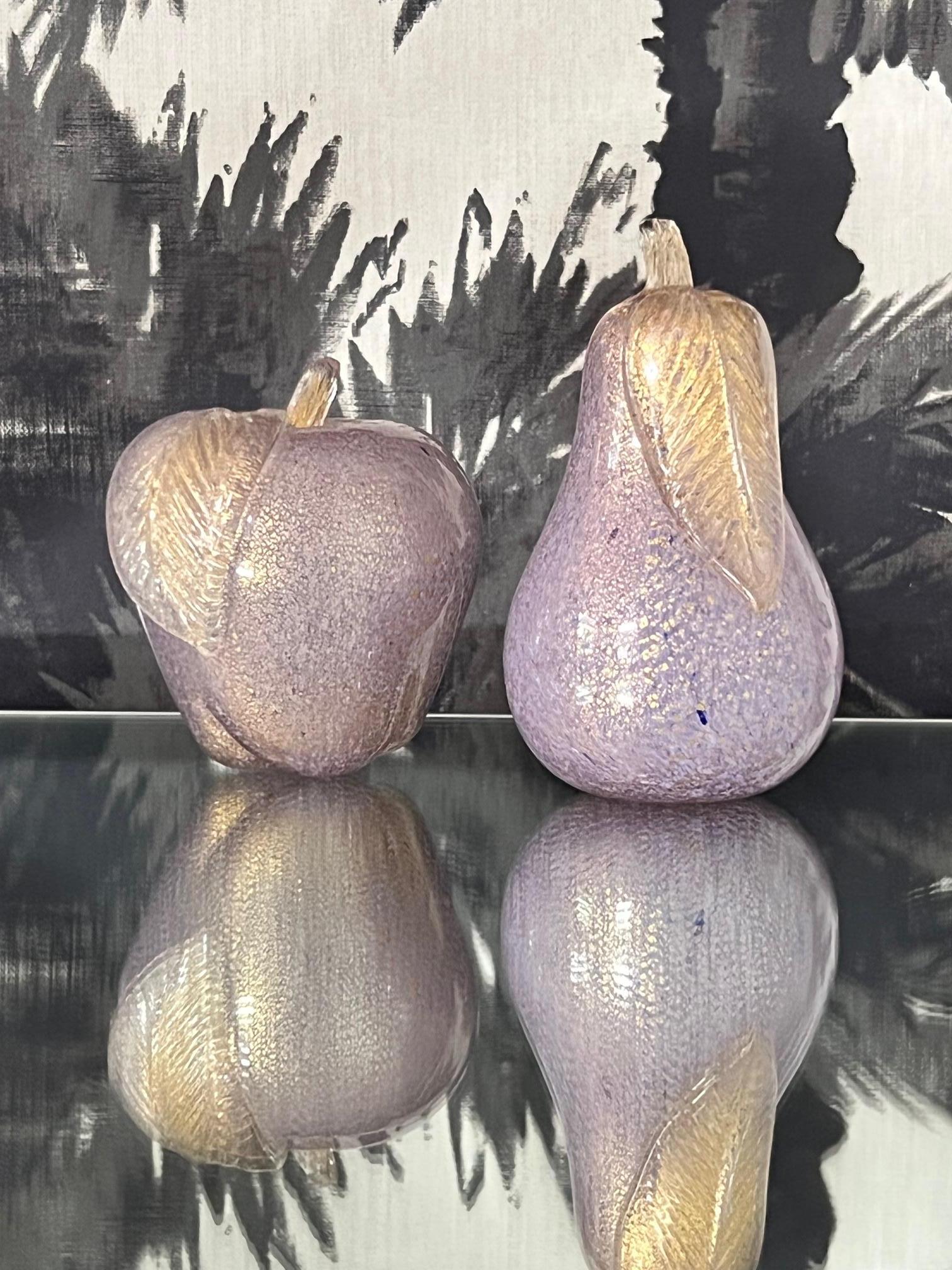 Murano Pear and Apple Sculptures in Lilac Glass with Gold Flecks, C. 1980 2