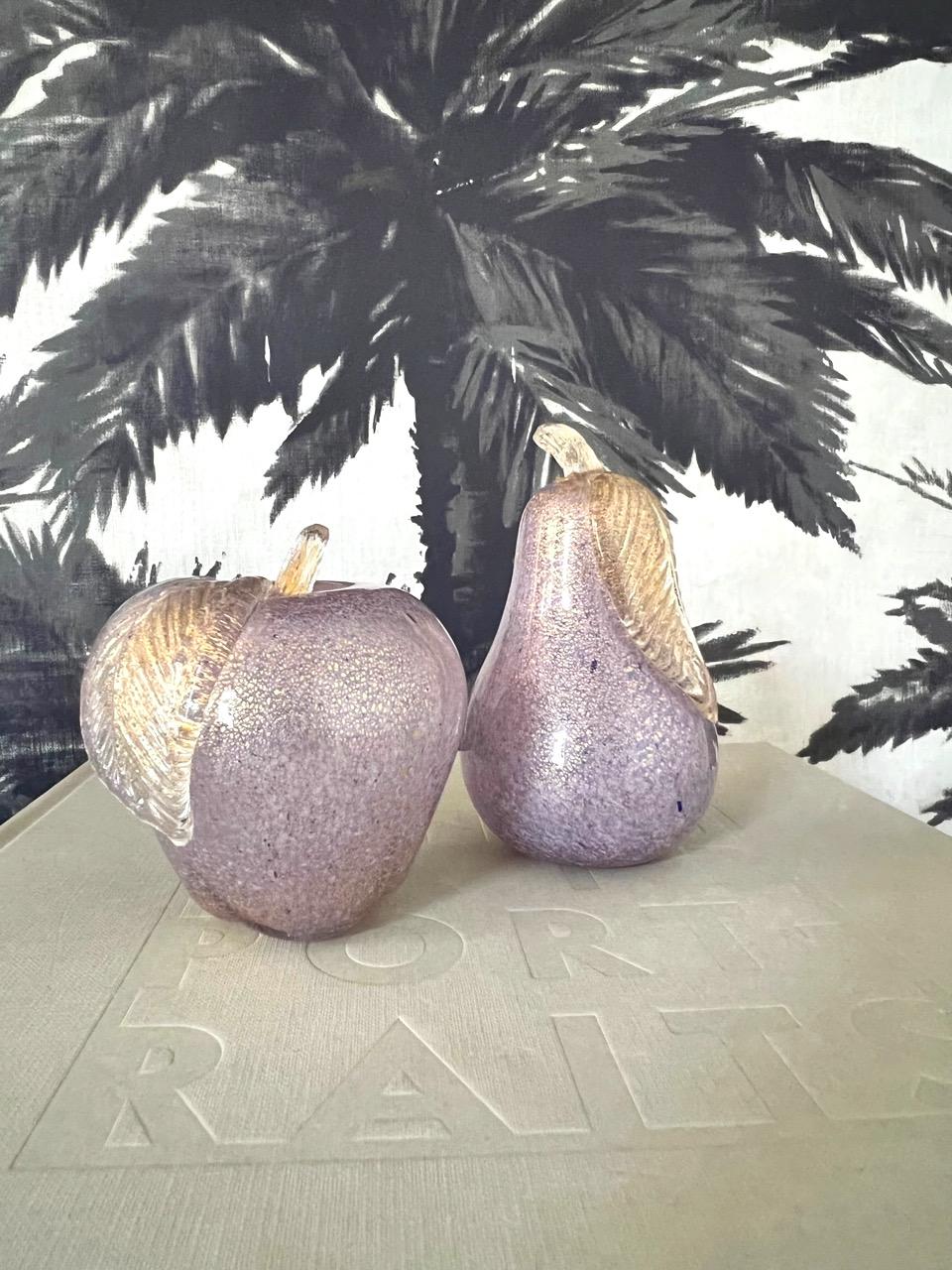 Murano Pear and Apple Sculptures in Lilac Glass with Gold Flecks, C. 1980 3