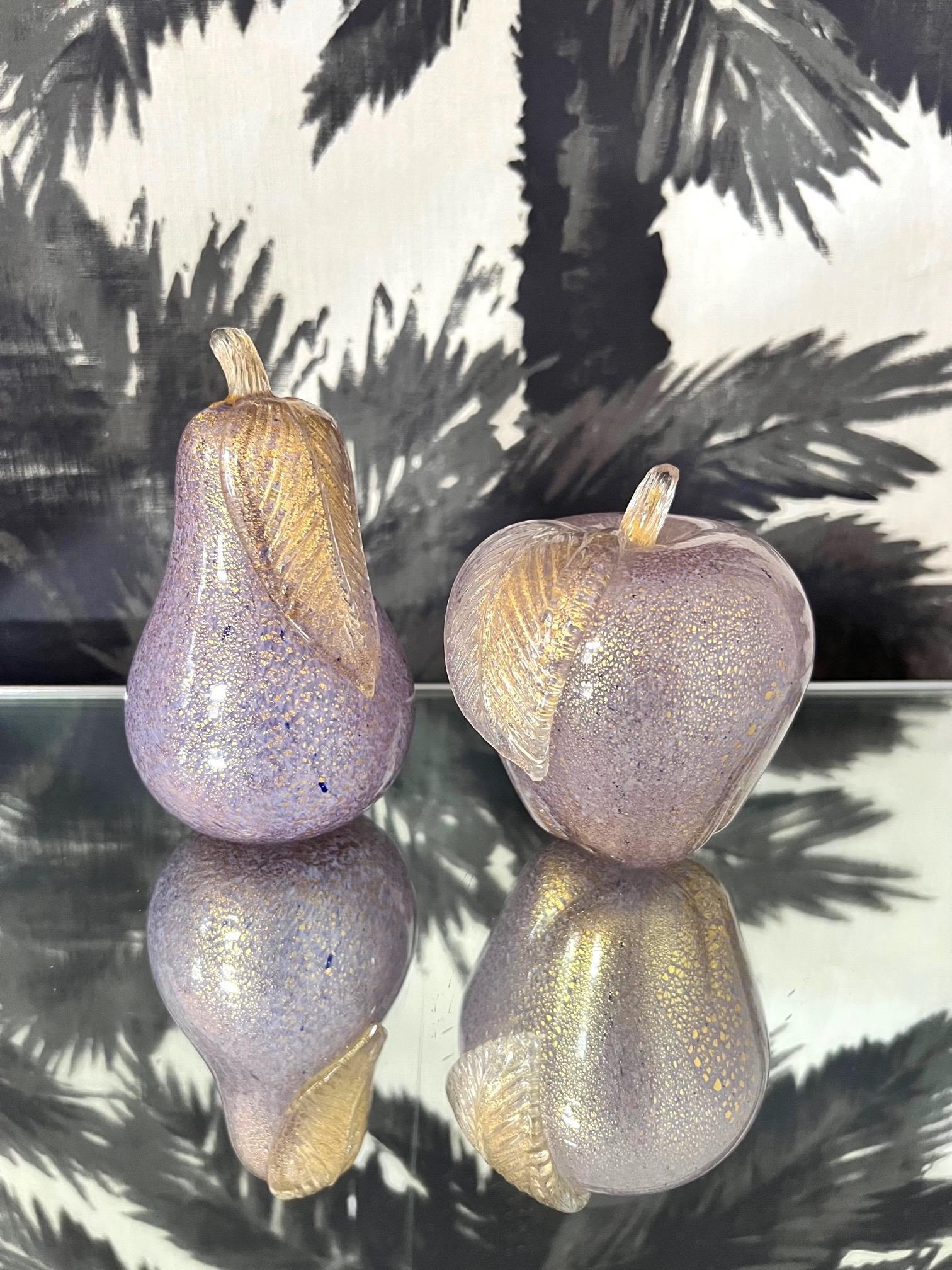 Mid-Century Modern Murano Pear and Apple Sculptures in Lilac Glass with Gold Flecks, C. 1980