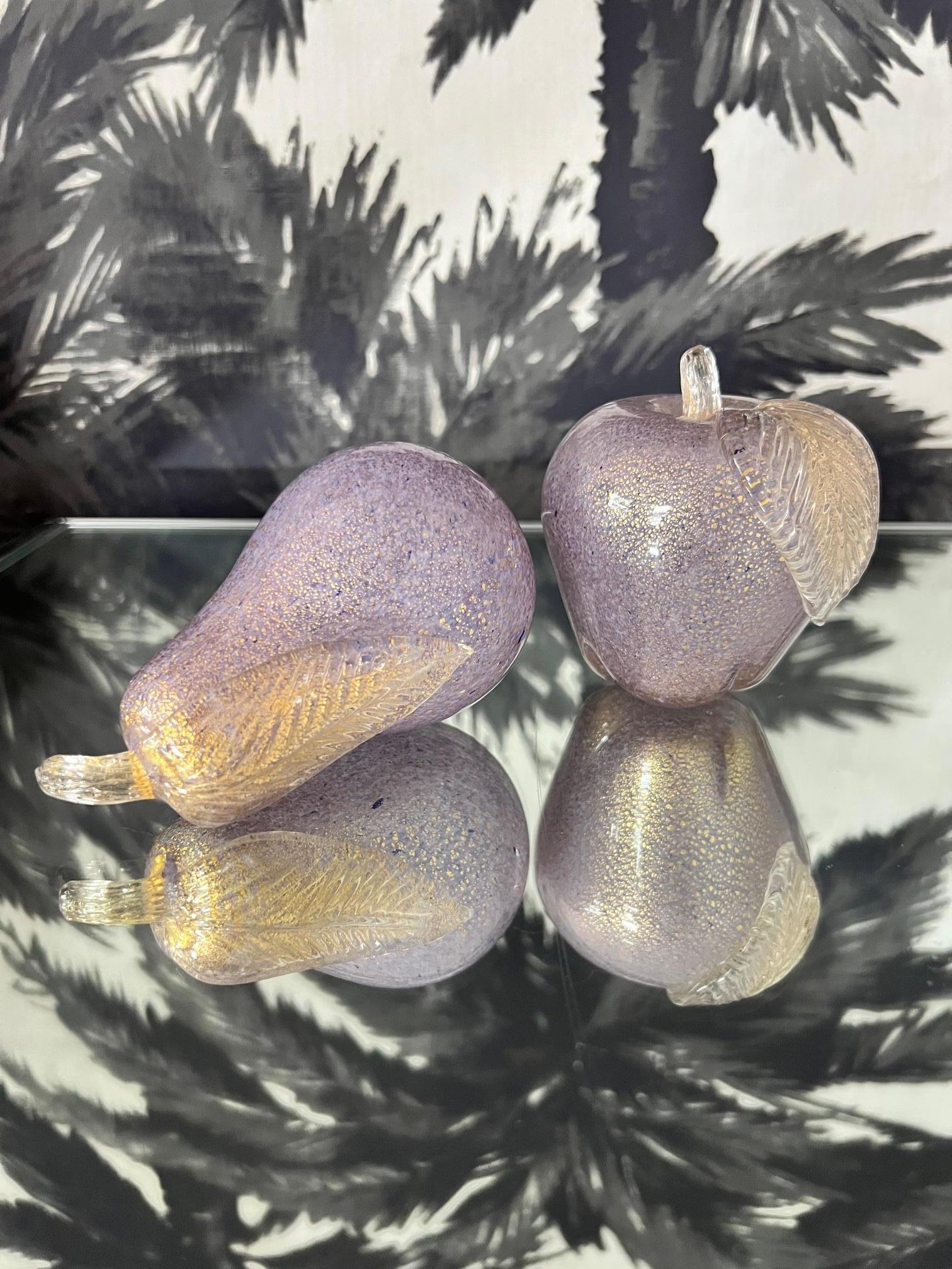 Italian Murano Pear and Apple Sculptures in Lilac Glass with Gold Flecks, C. 1980