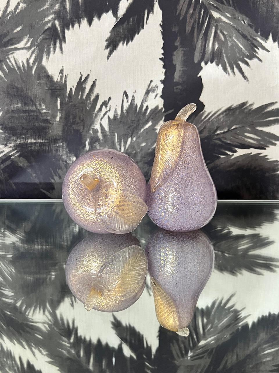 Gilt Murano Pear and Apple Sculptures in Lilac Glass with Gold Flecks, C. 1980