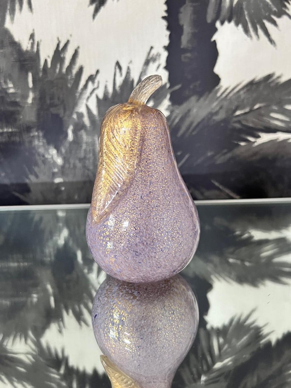 Art Glass Murano Pear and Apple Sculptures in Lilac Glass with Gold Flecks, C. 1980