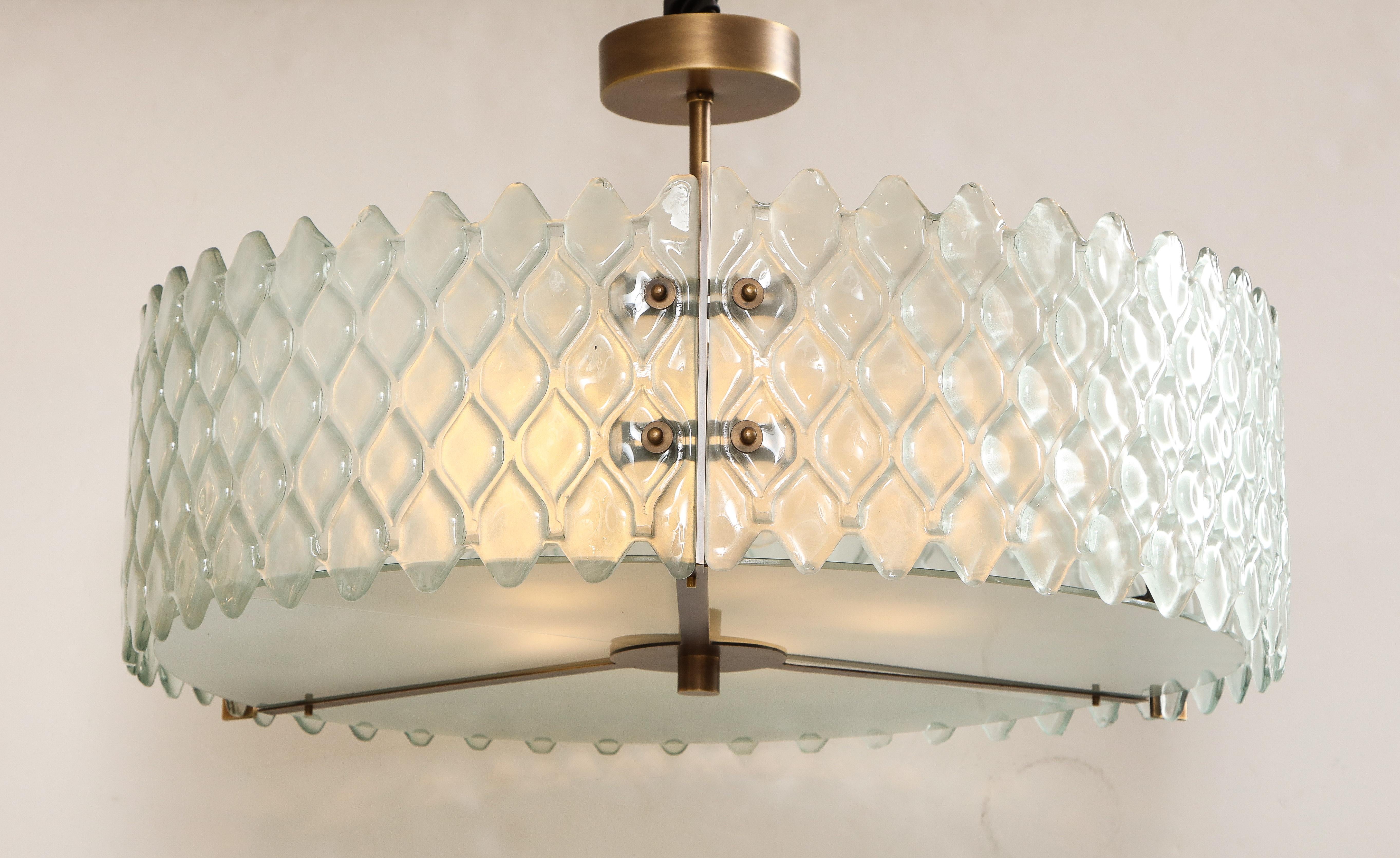 Pearlized Textured White Murano Glass and Bronze Round Chandelier, Italy 1