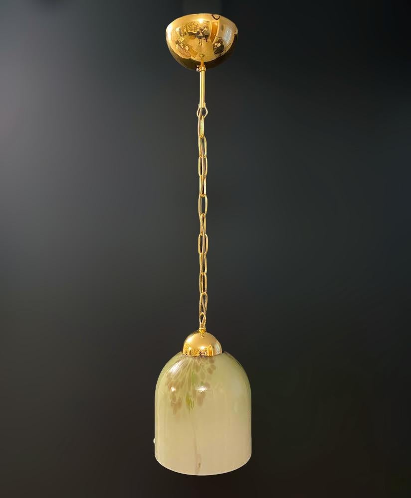 Vintage Italian pendant with bell shaped Murano glass shade, mounted on gold hardware / Made in Italy by La Murrina, circa 1960s
Original mark on the glass
Measures: Diameter 7 inches, height 9.5 inches plus chain and canopy
1 light / E26 or E27