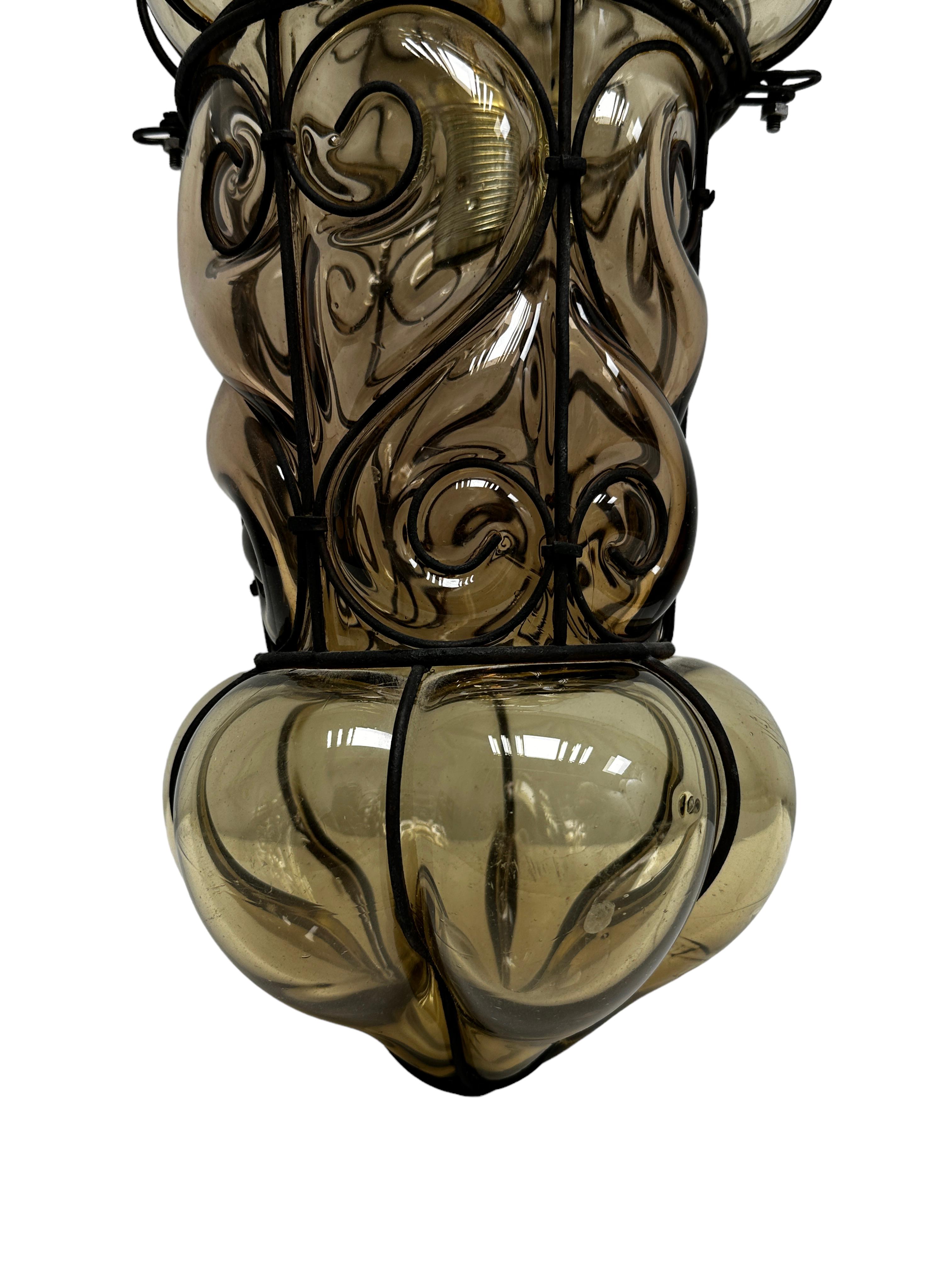 Mid-Century Modern Murano Pendant Light Huge Italian Amber Handblown Bubble Glass, Vintage 1960s For Sale