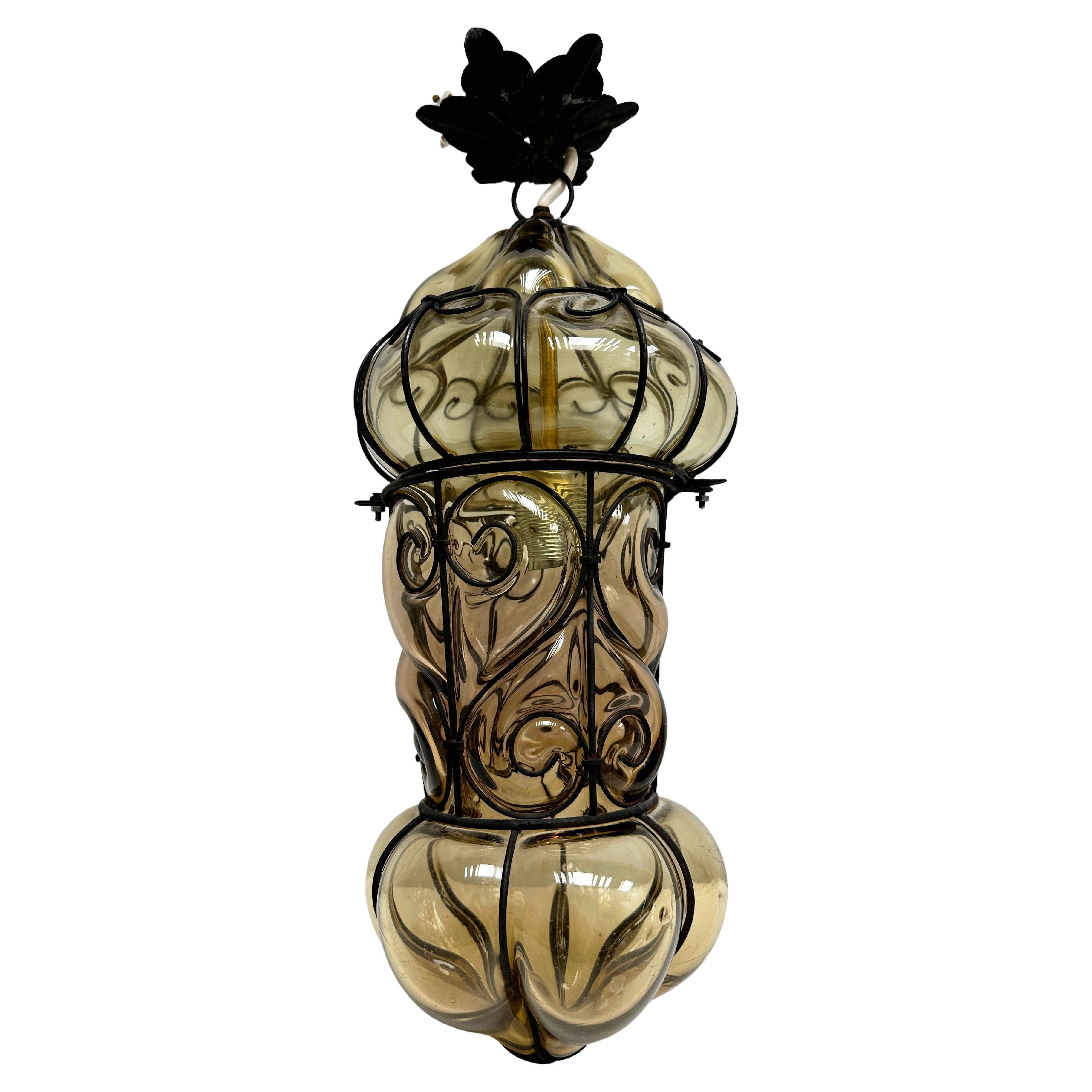 Lampe à suspension de Murano - Grand verre ambré italien soufflé à la bouche, vintage, années 1960