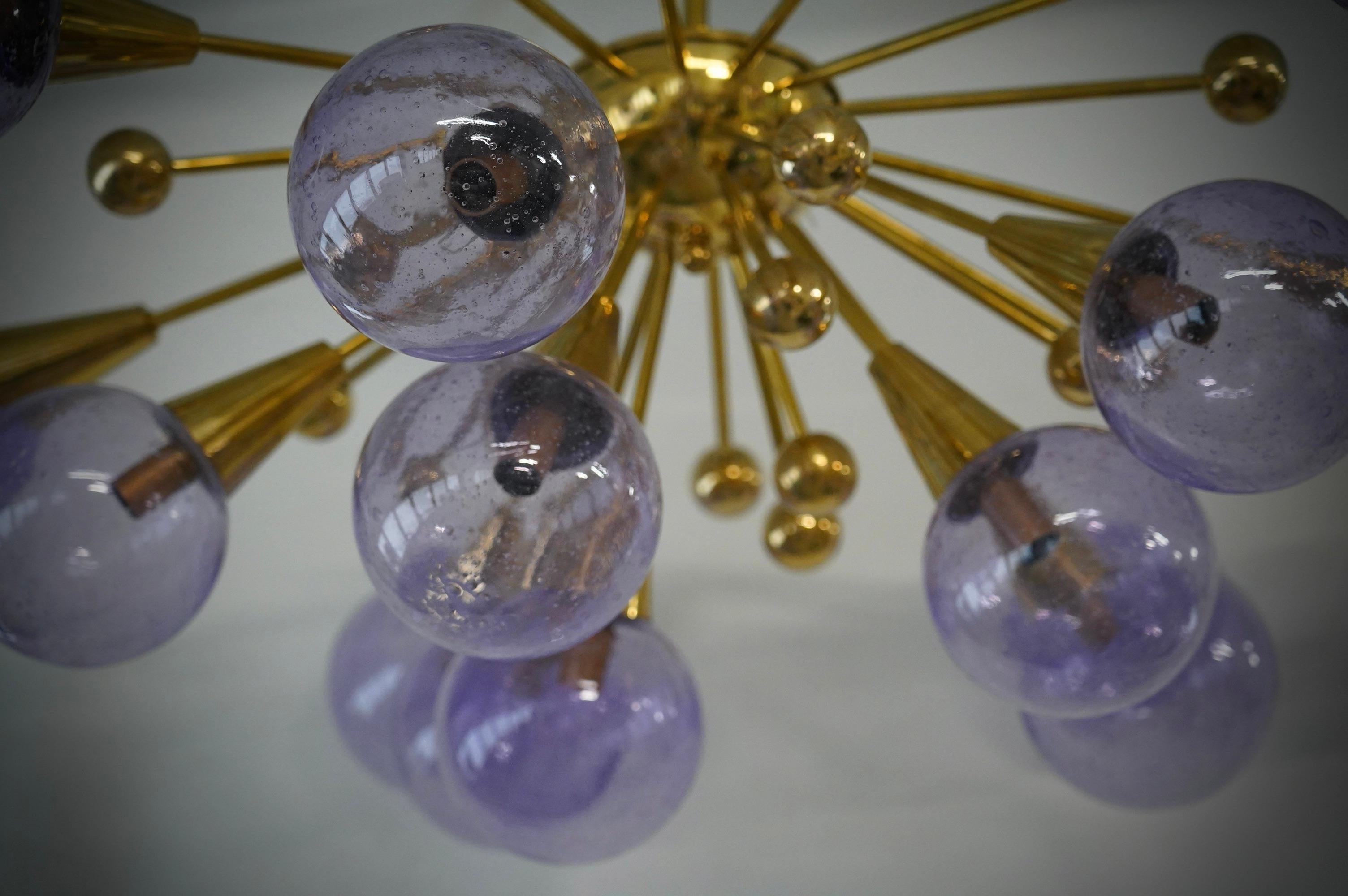 Contemporary Murano Periwinkle Art Glass and Brass MidCentury Chandelier and Pendant, 2000 For Sale