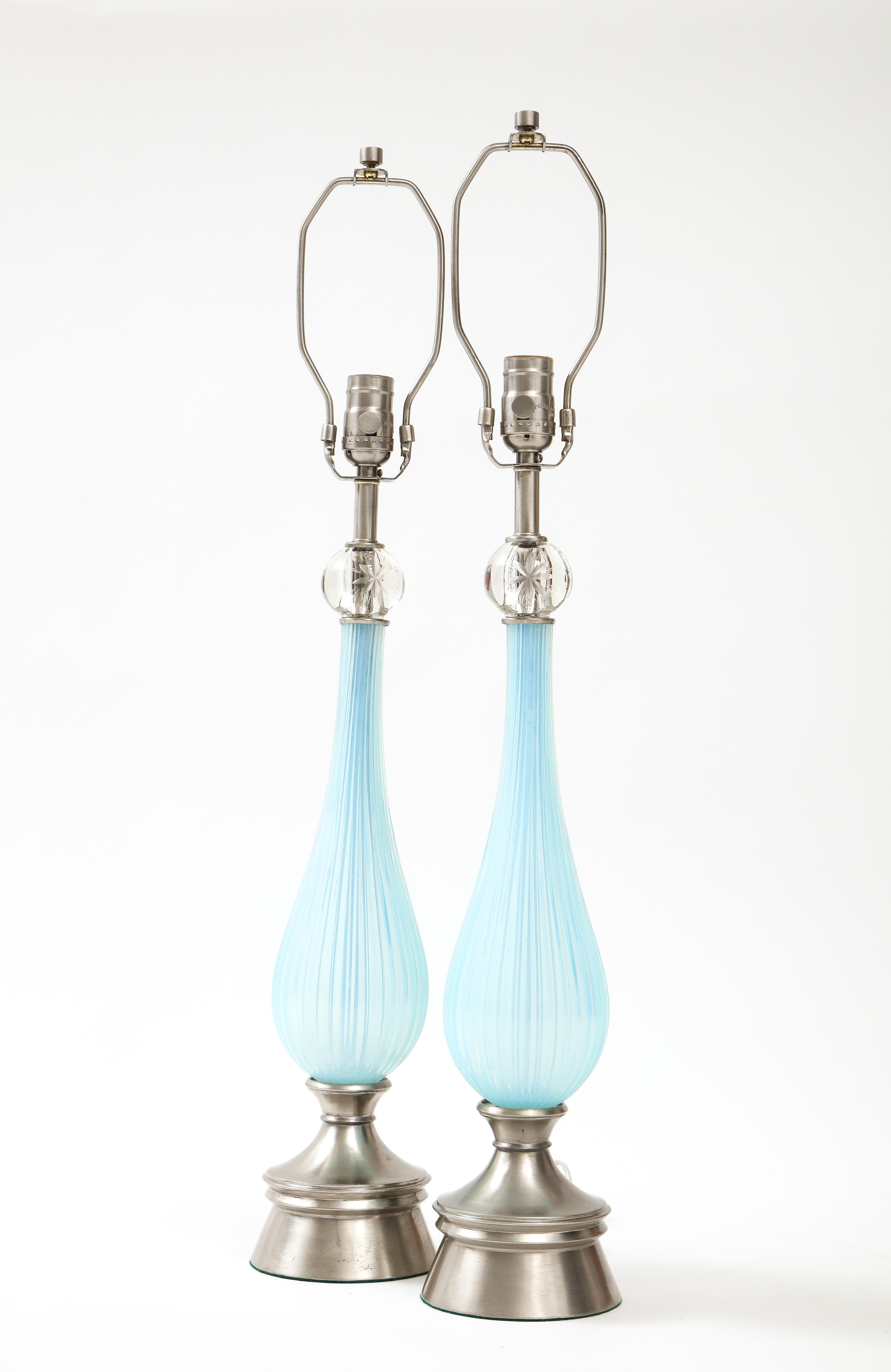 Hollywood Regency Murano Periwinkle Fluted Glass Lamps For Sale