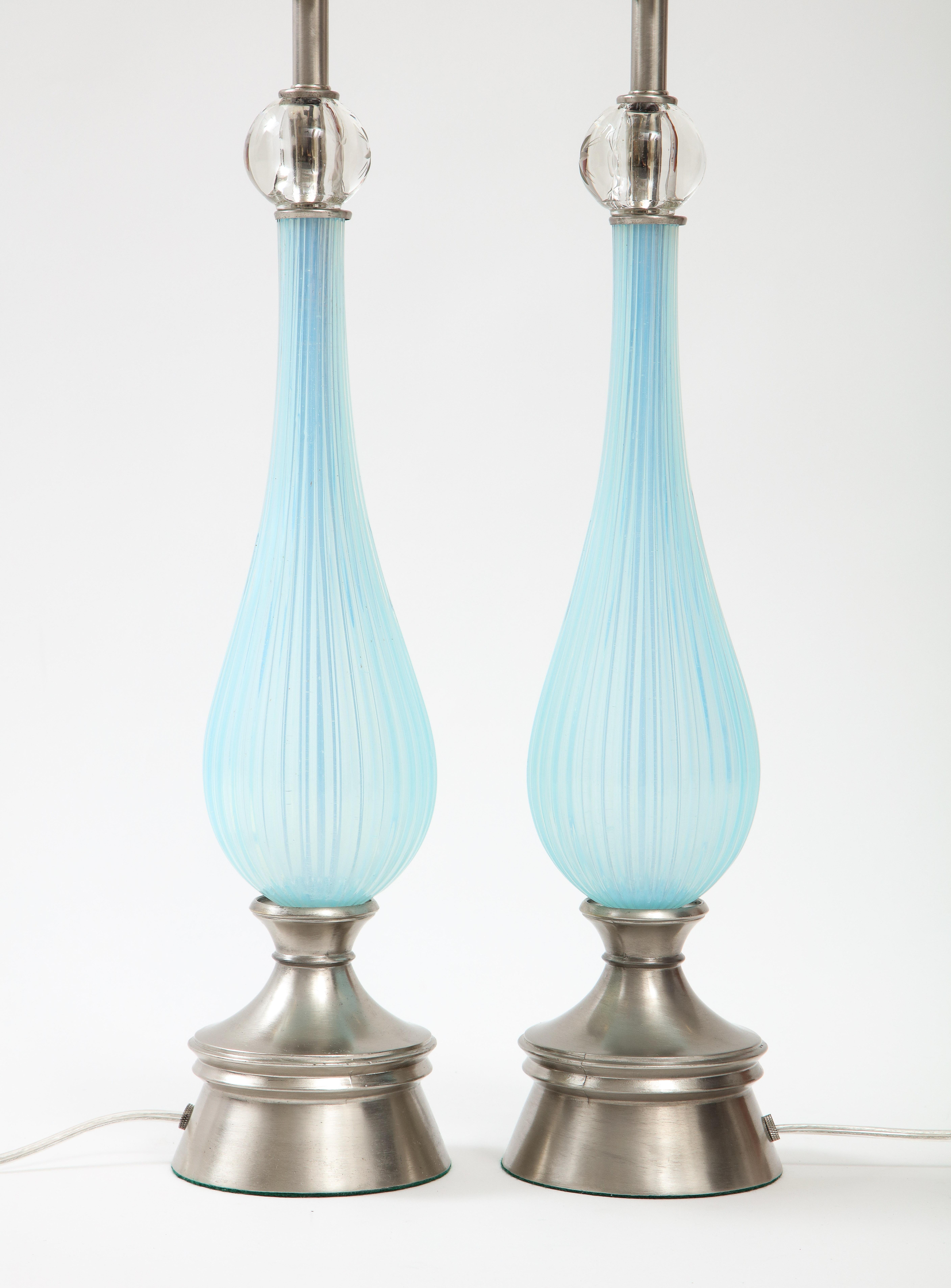 Murano Periwinkle Fluted Glass Lamps In Excellent Condition For Sale In New York, NY