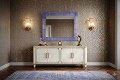 Specchio da consolle / da parete in vetro Murano color pervinca e ottone, stile Art Déco, 2020