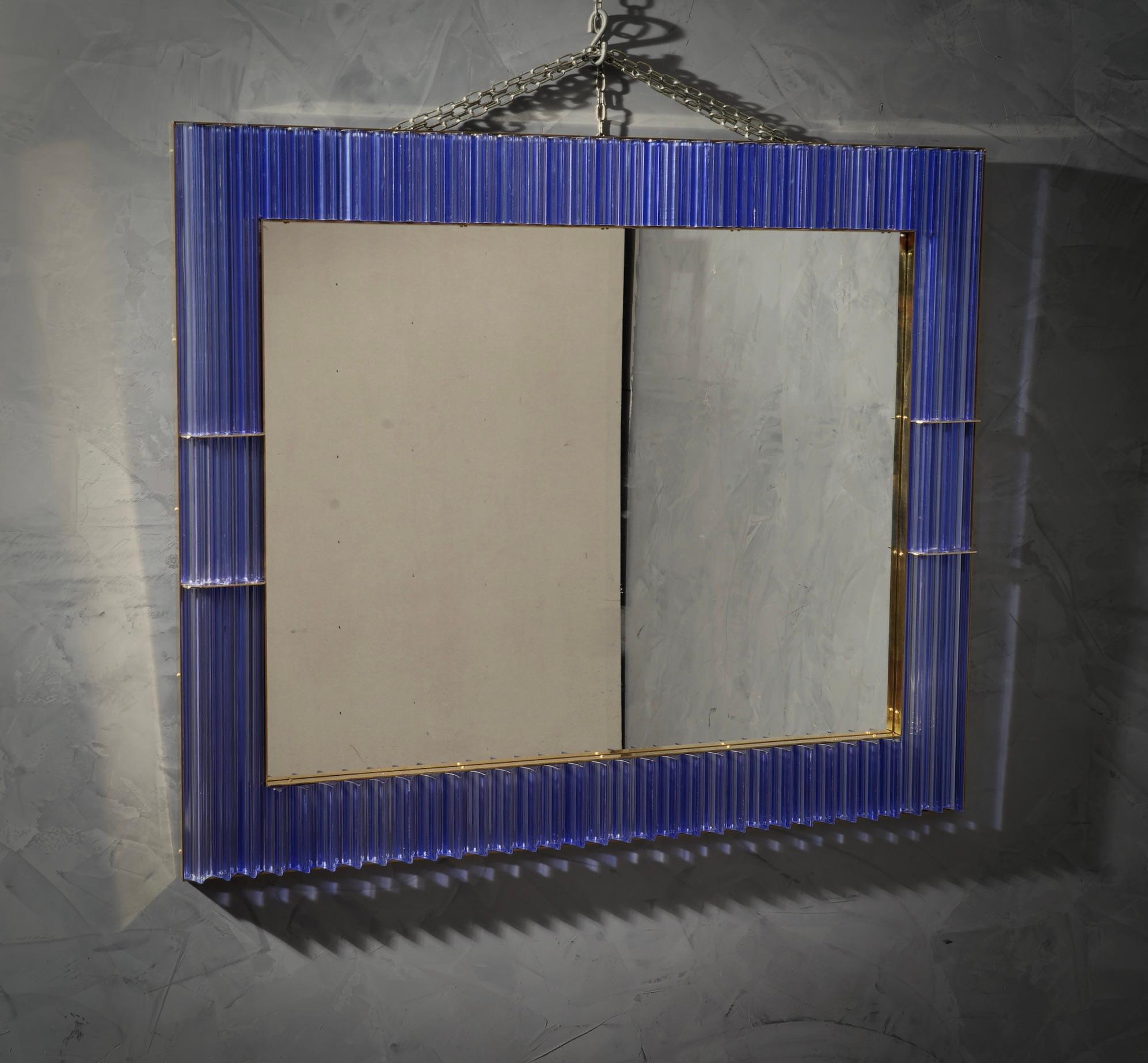 Murano Periwinkle Glass and Brass Mid-Century Wall Mirror, 1980 For Sale 1